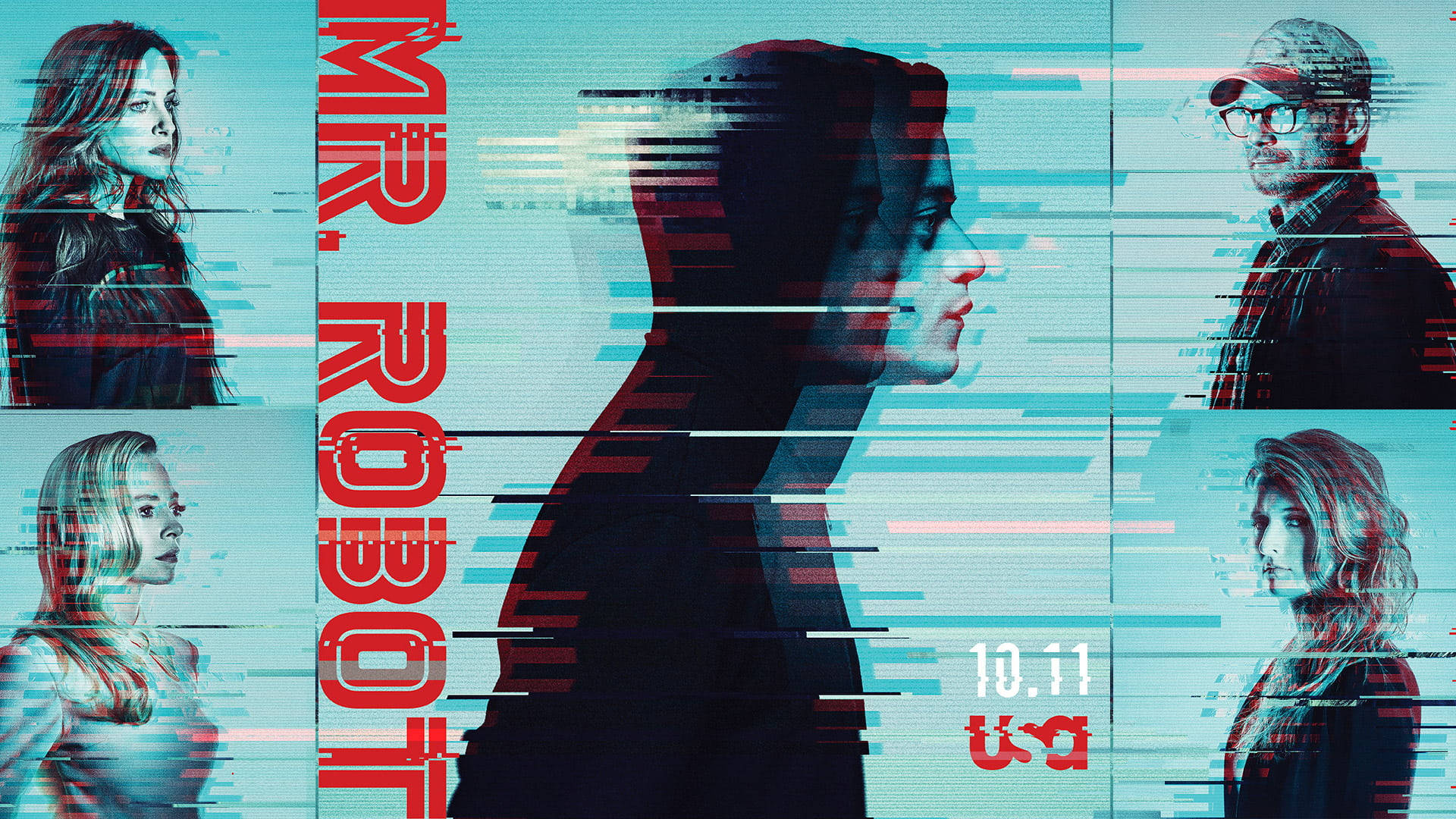 Mr. Robot 第三季角色海報 壁紙 — Mr Robot 的故障藝術海報，以數位扭曲背景上的角色碎片化肖像為特色。