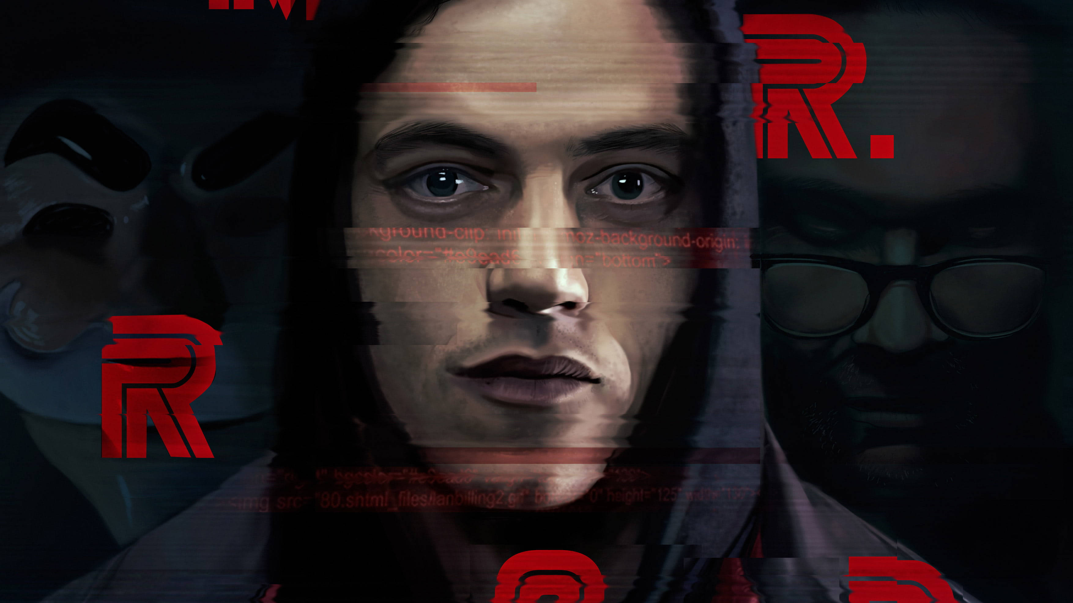 Mr. Robot 粉絲藝術 壁紙 — 一個帶有紅色文字疊加和背景中扭曲面孔的故障數碼肖像男子。