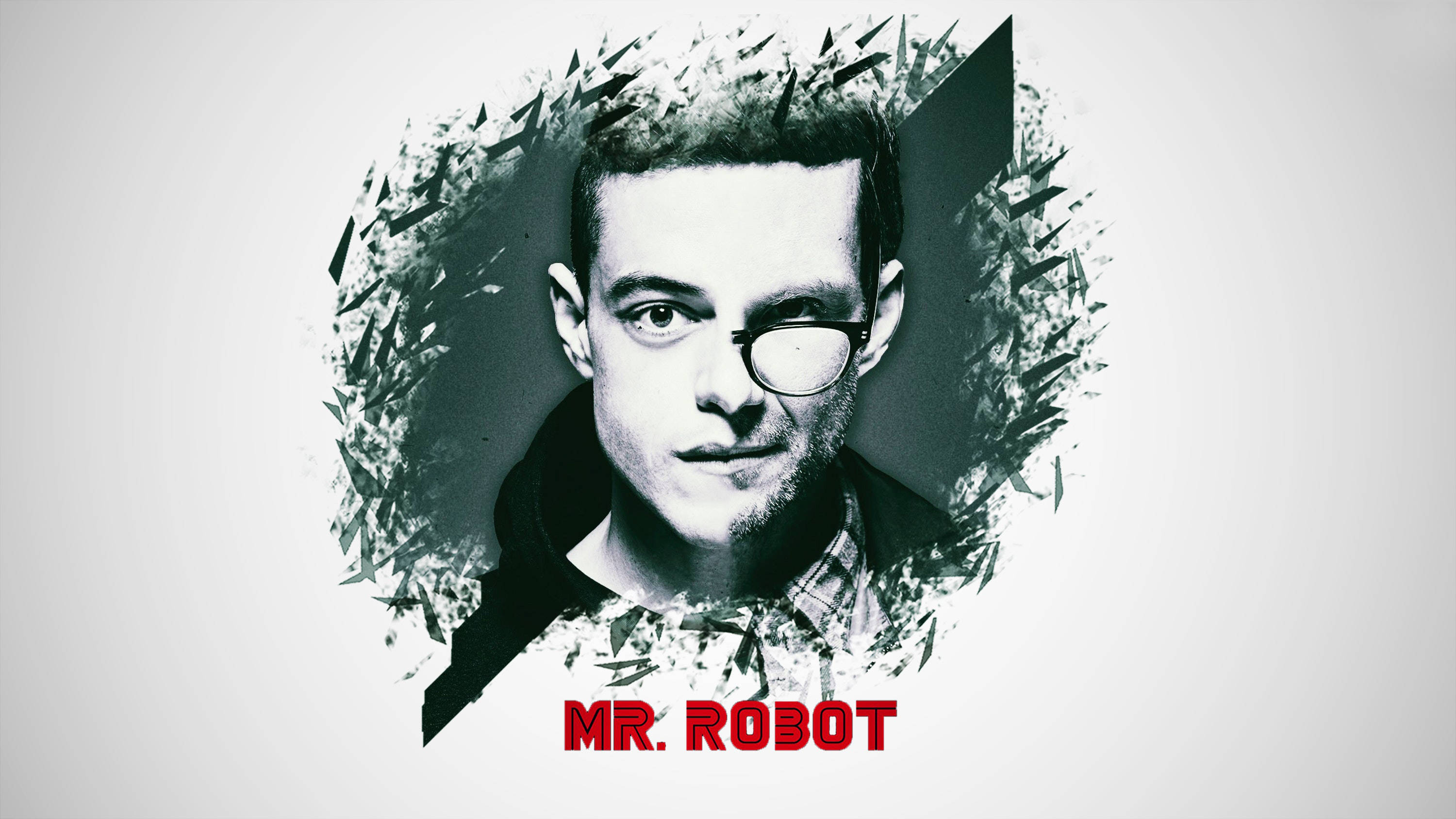 《Mr. Robot》系列 壁紙 — 一個戴眼鏡男士的風格化黑白肖像，由破碎玻璃碎片框住，下方有紅色文字。