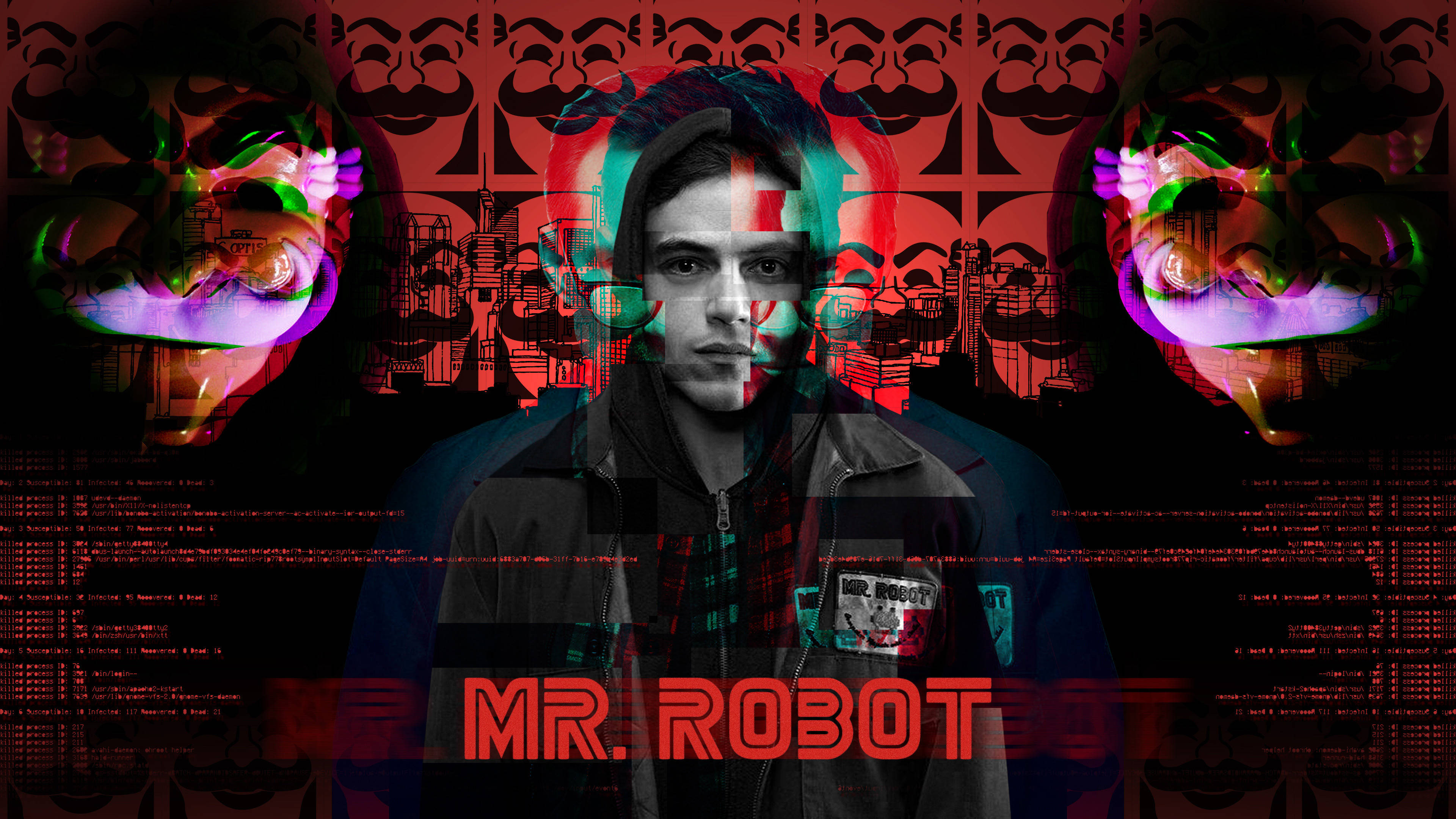 《Mr. Robot》紅色背景粉絲藝術 壁紙 — 一個戴連帽衫的男子在紅色數碼背景上的故障藝術肖像，帶有扭曲的面孔和代碼。