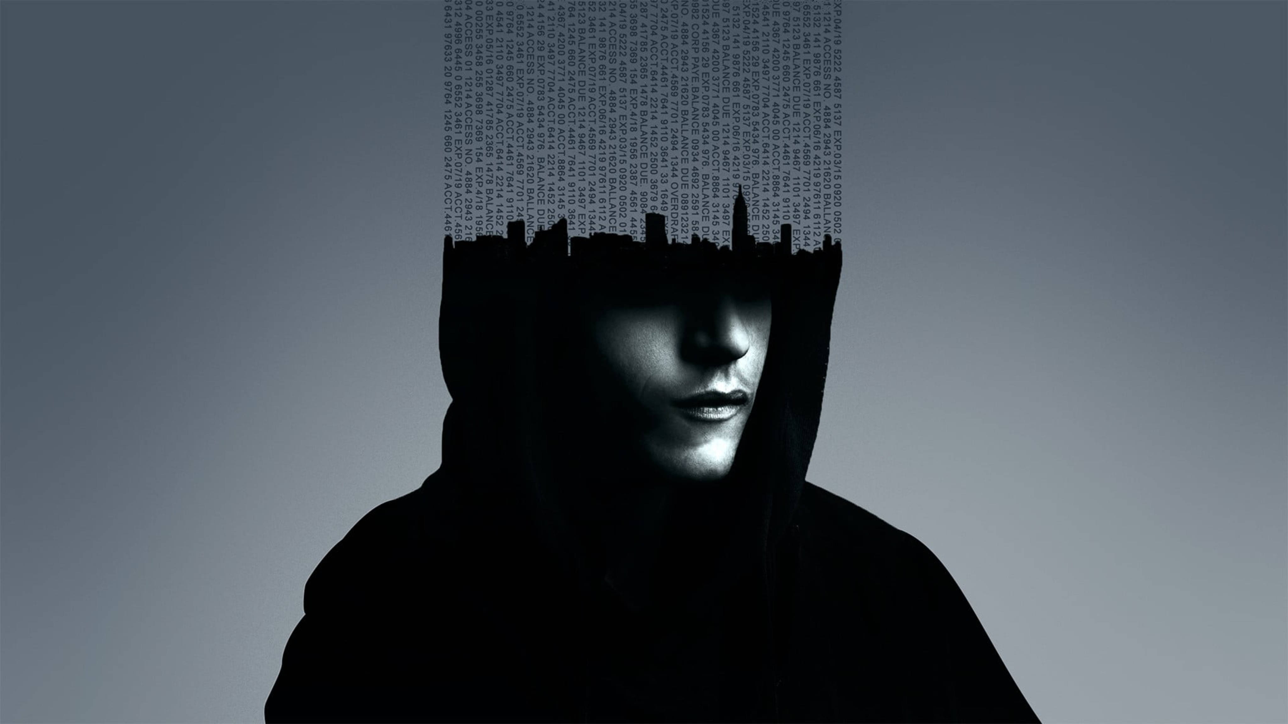 《Mr. Robot》編碼人 壁紙 — 一個戴著兜帽的人物的臉被城市天際線取代，上方有數位代碼如瀑布般流下，背景為漸變灰色。