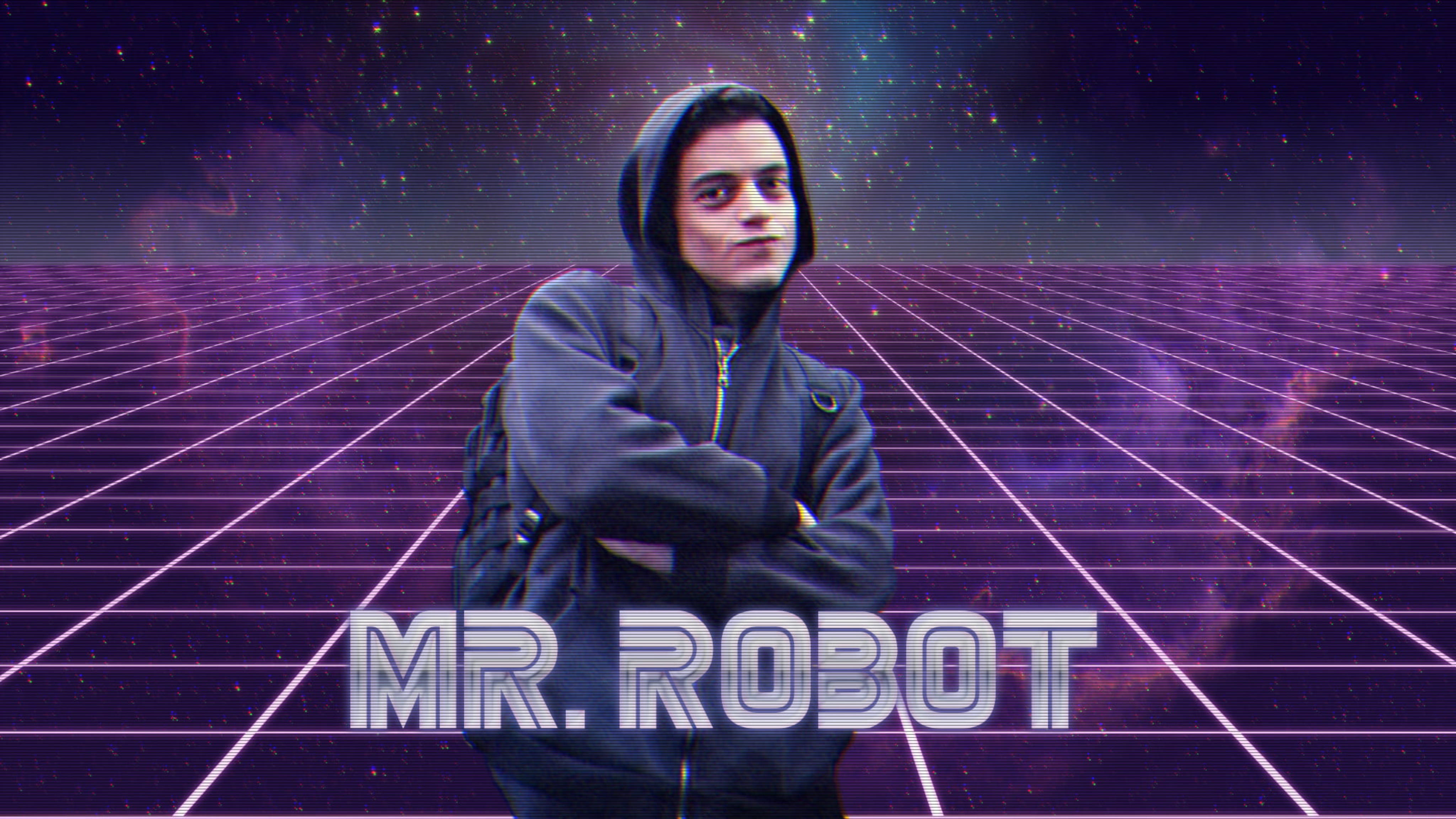 《Mr. Robot》艾略特·紫色美學背景 壁紙 — 一個穿著連帽衫的男人自信地站在發光的紫色網格上，背景是星空數位天空，並帶有「MR. ROBOT」文字。