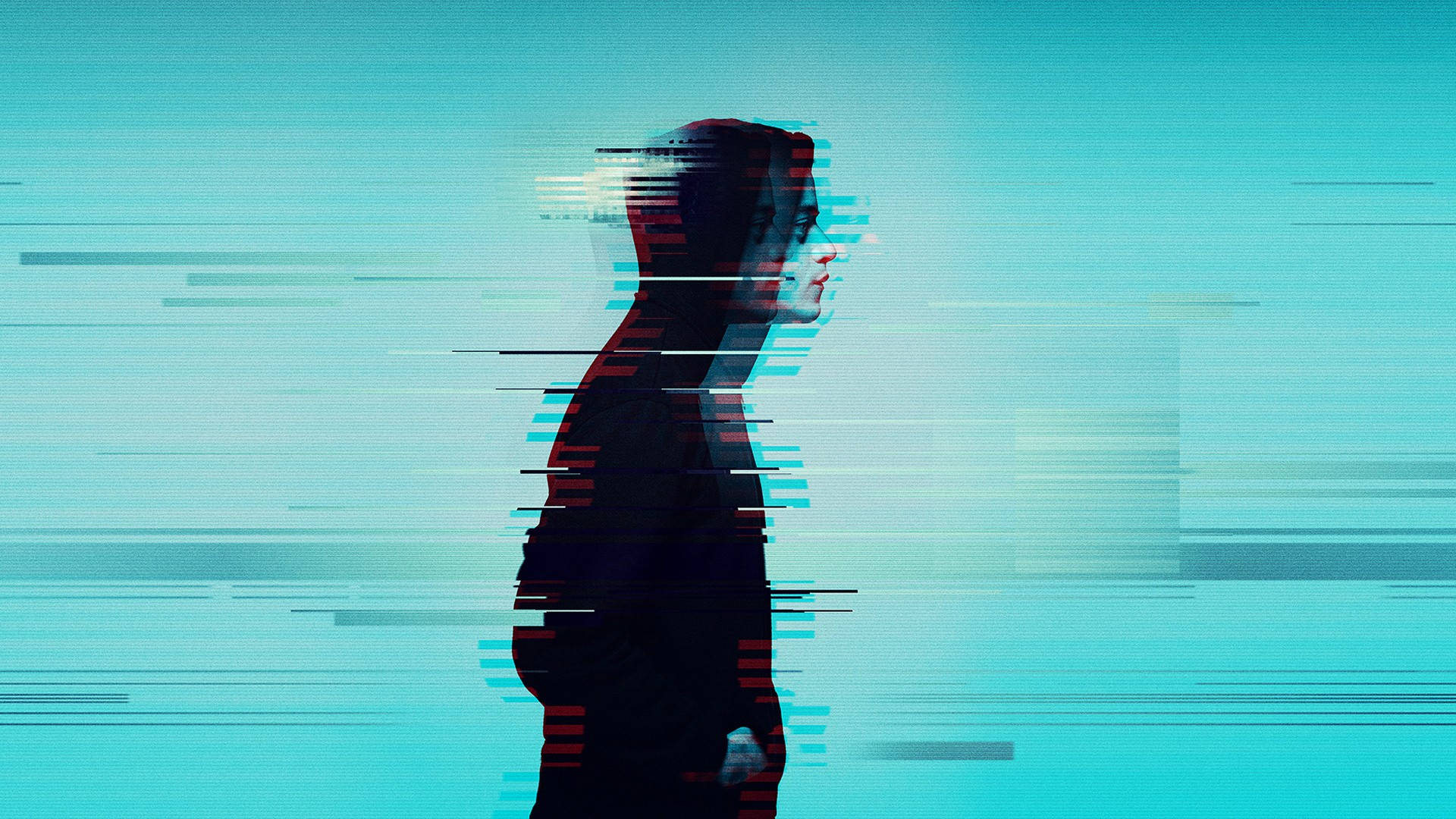 《Mr. Robot》艾略特故障藝術背景 壁紙 — 一個穿著連帽衫的人類剪影，在青色數位背景上帶有水平數據損壞效果。