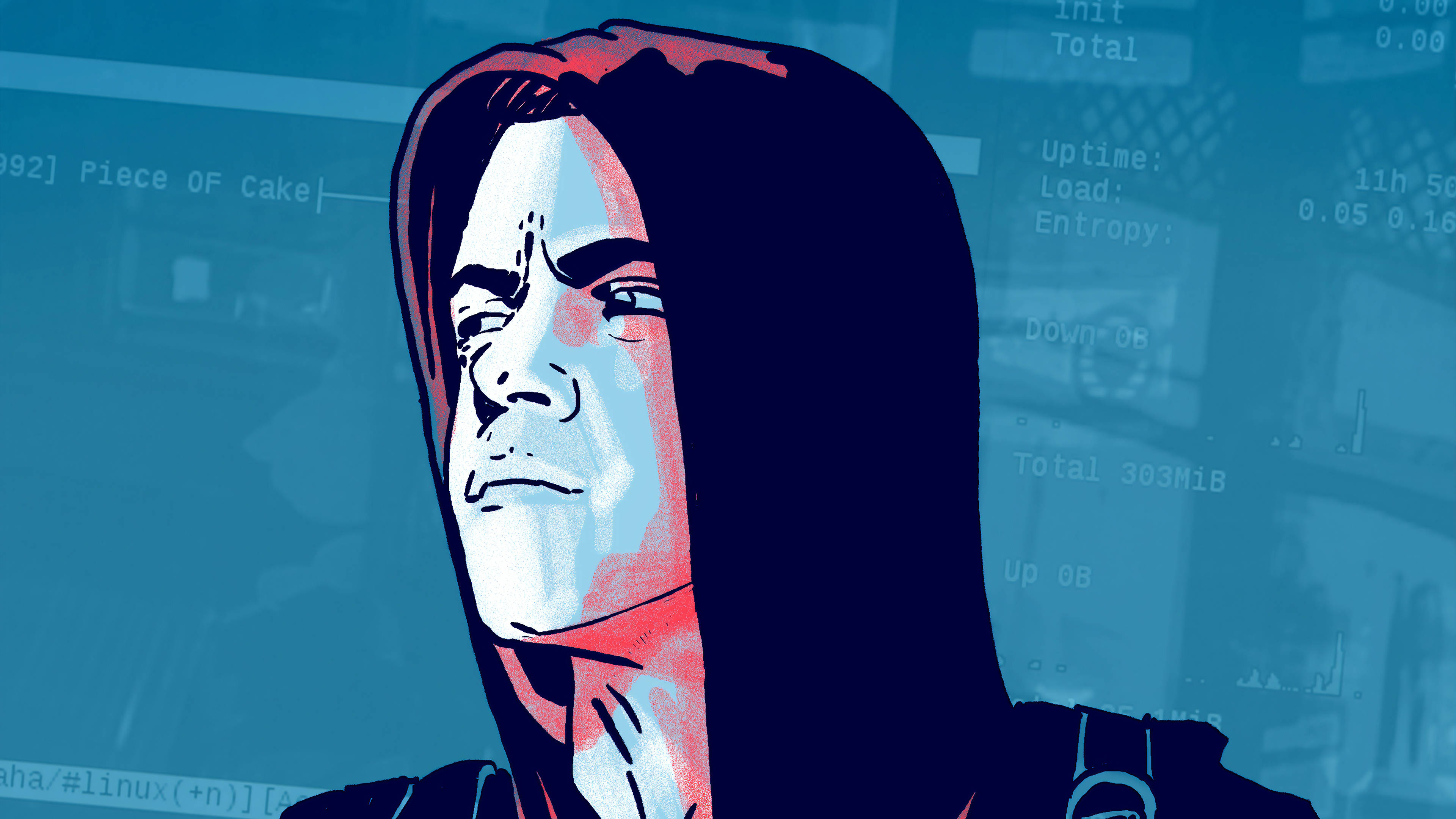 《Mr. Robot》艾略特漫畫插畫 壁紙 — 一個戴著兜帽的人物，表情嚴肅，背景是充滿終端代碼的藍色數位背景的風格化插圖。