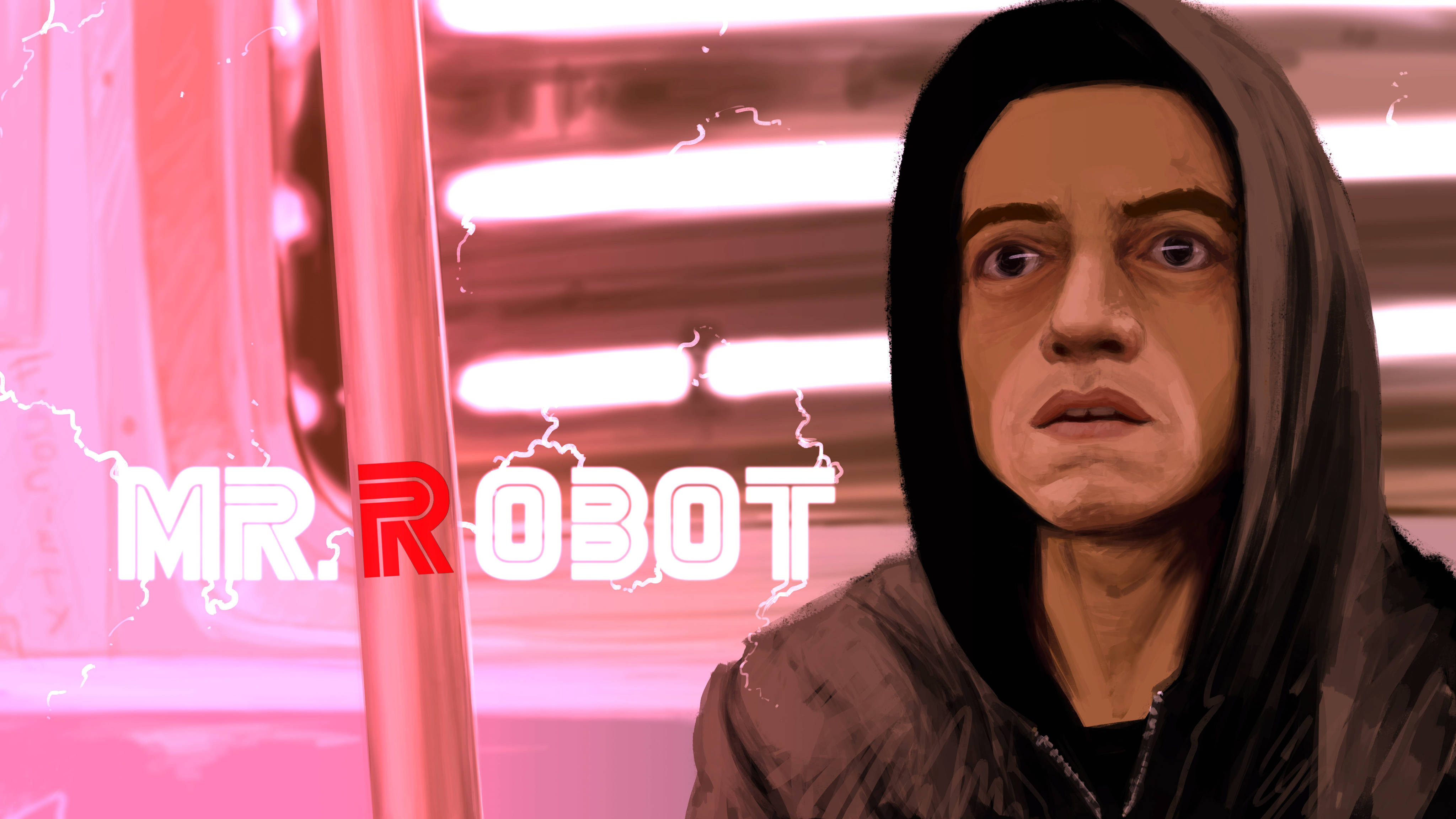 Mr. Robot 艾略特藝術作品 壁紙 — 一個風格化的數碼藝術肖像，一個戴著連帽衫的男人，眼神強烈，背景是粉紅色霓虹燈，帶有「MR. ROBOT」文字和電火花。