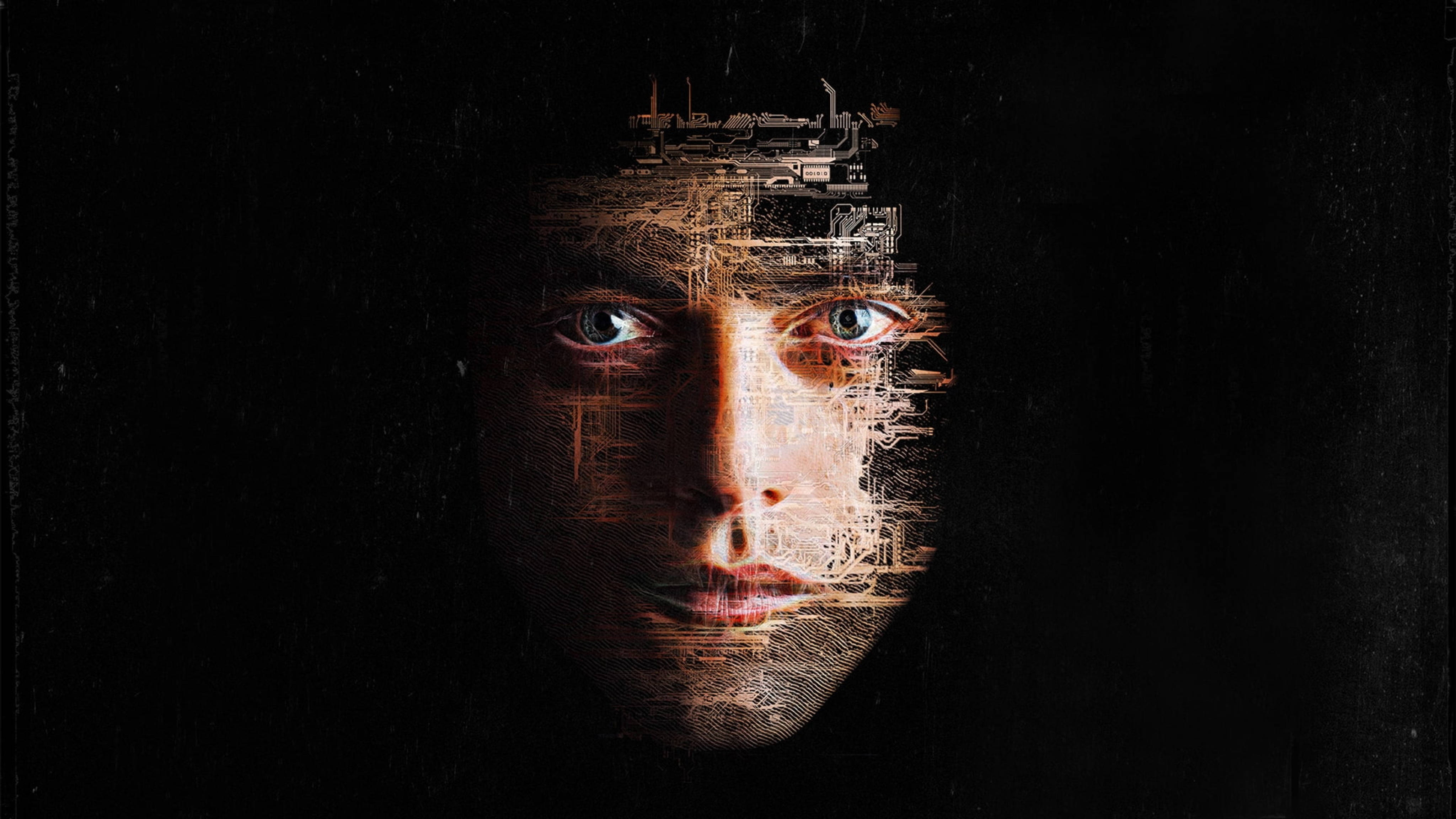 《Mr. Robot》艾略特電路臉藝術圖 壁紙 — 一張人臉在黑暗背景下半轉化為複雜電路。