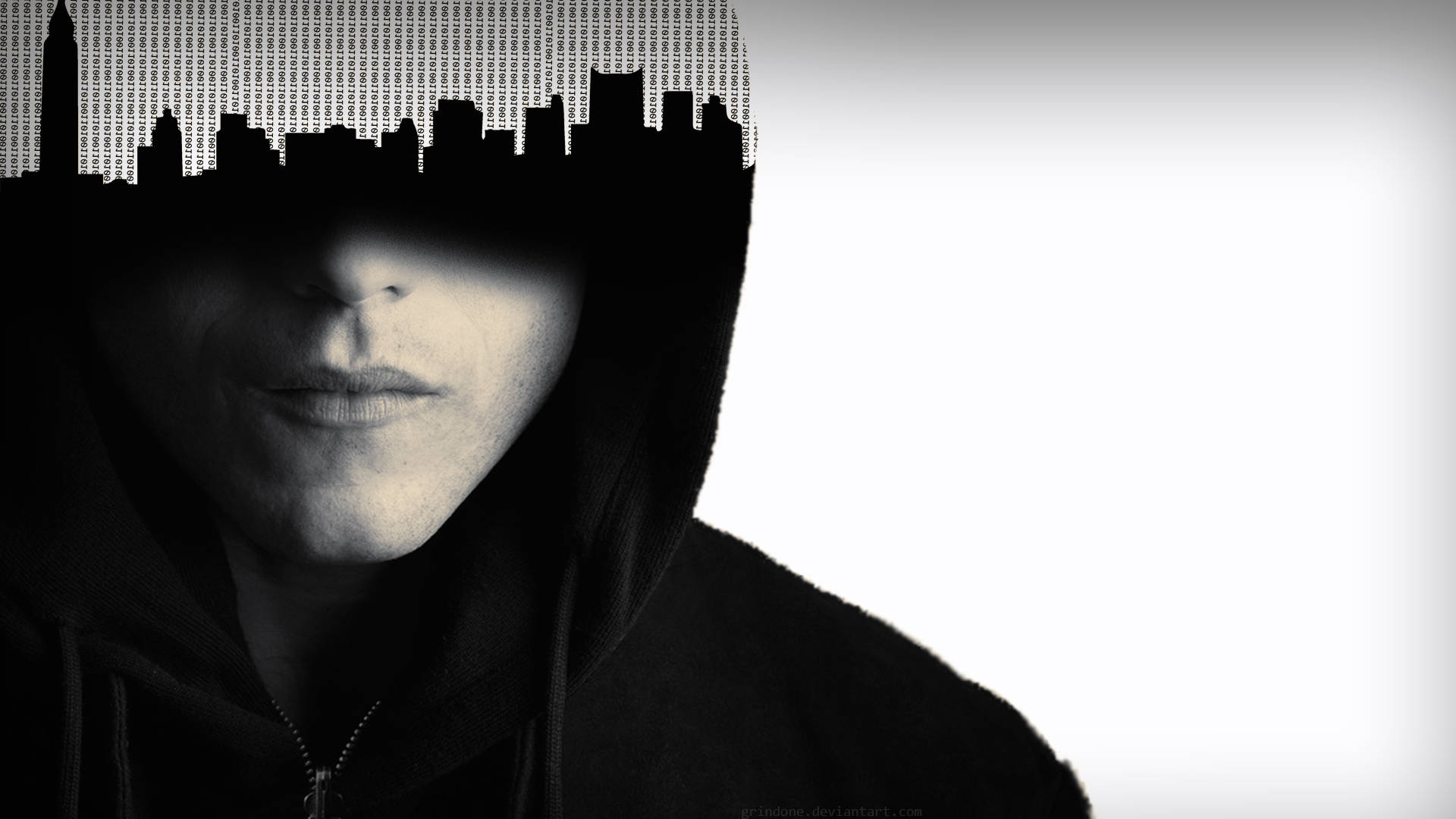 《Mr. Robot》連帽城市剪影藝術圖 壁紙 — 一個戴兜帽的人的面孔被城市天際線剪影半遮，背景為純白色。