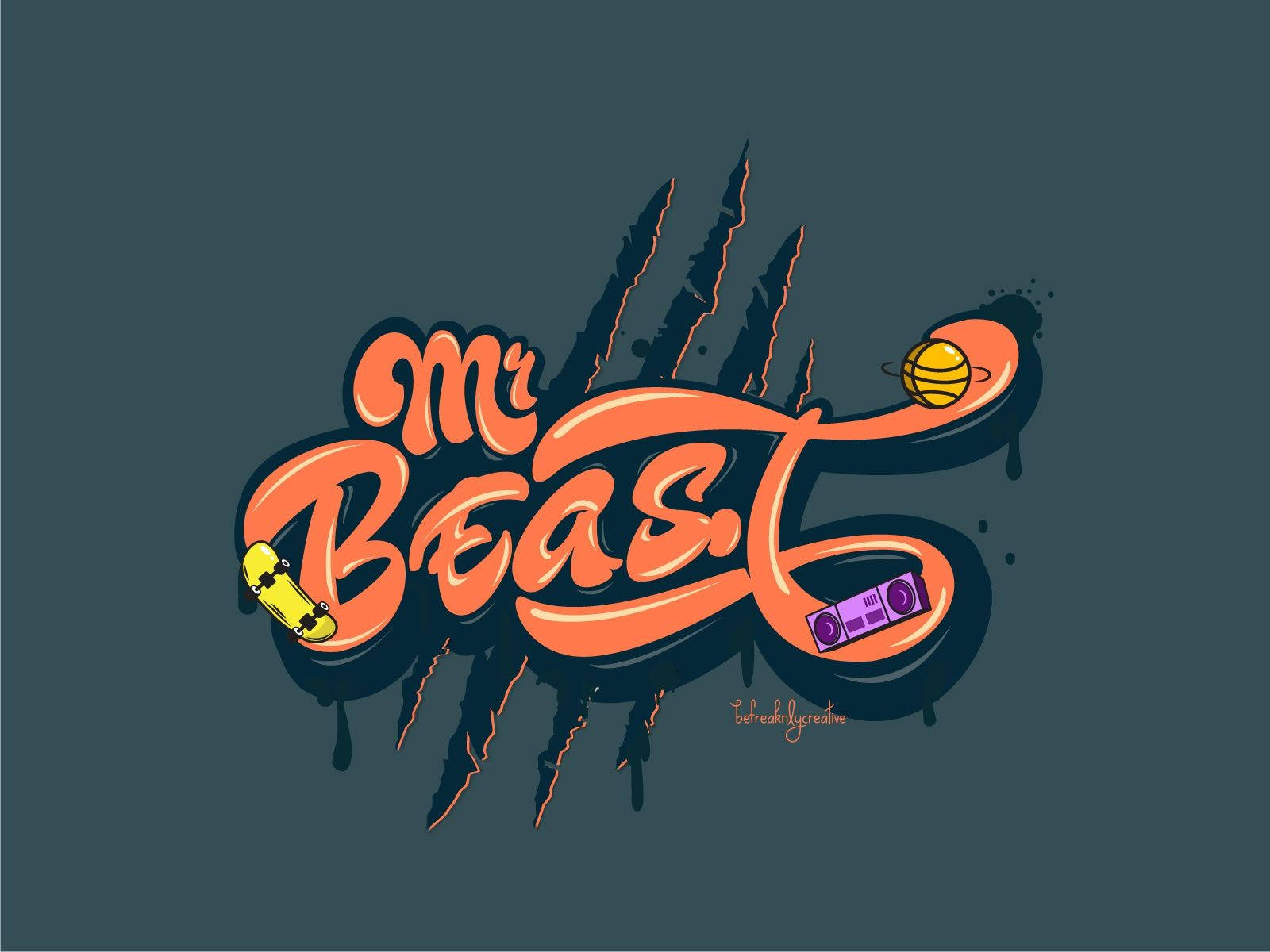 橙色 MrBeast 字體標誌 壁紙 — 鮮豔橙色風格化文字 'Mr Beast'，字母中融入滑板及卡式錄音帶，背景為深藍綠色。