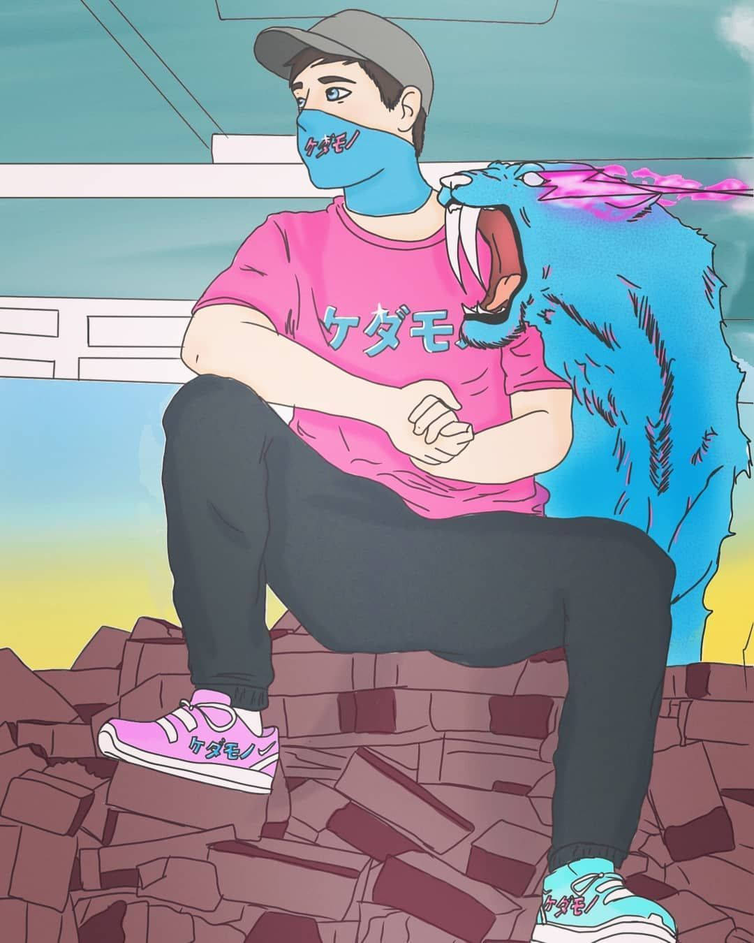 戴著口罩的年輕男子和藍色怪物坐在破碎的磚塊上。