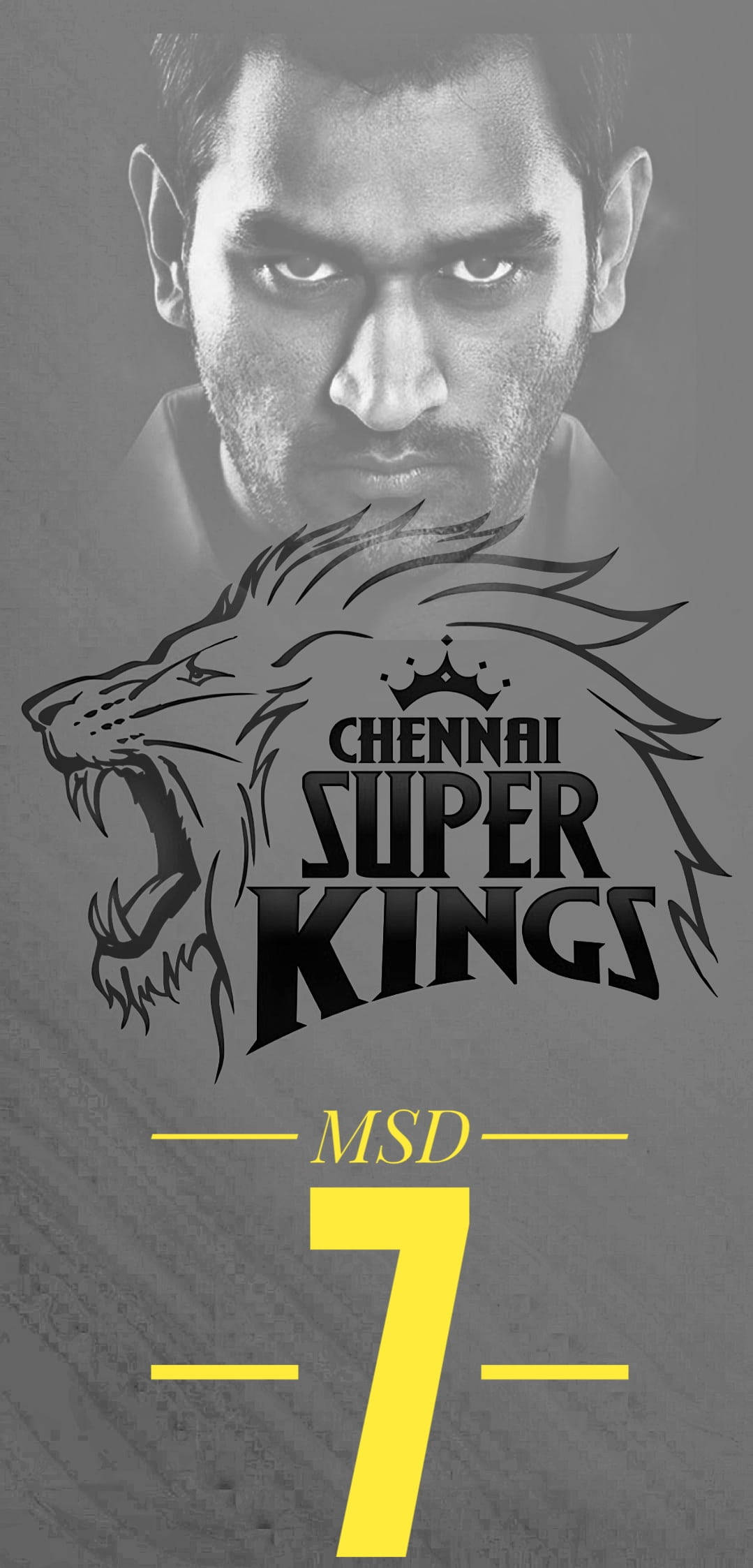 csk 2021 桌布 壁紙 — MS Dhoni 的單色肖像，帶有咆哮的獅子標誌和 Chennai Super Kings 的粗體黃色數字 7。