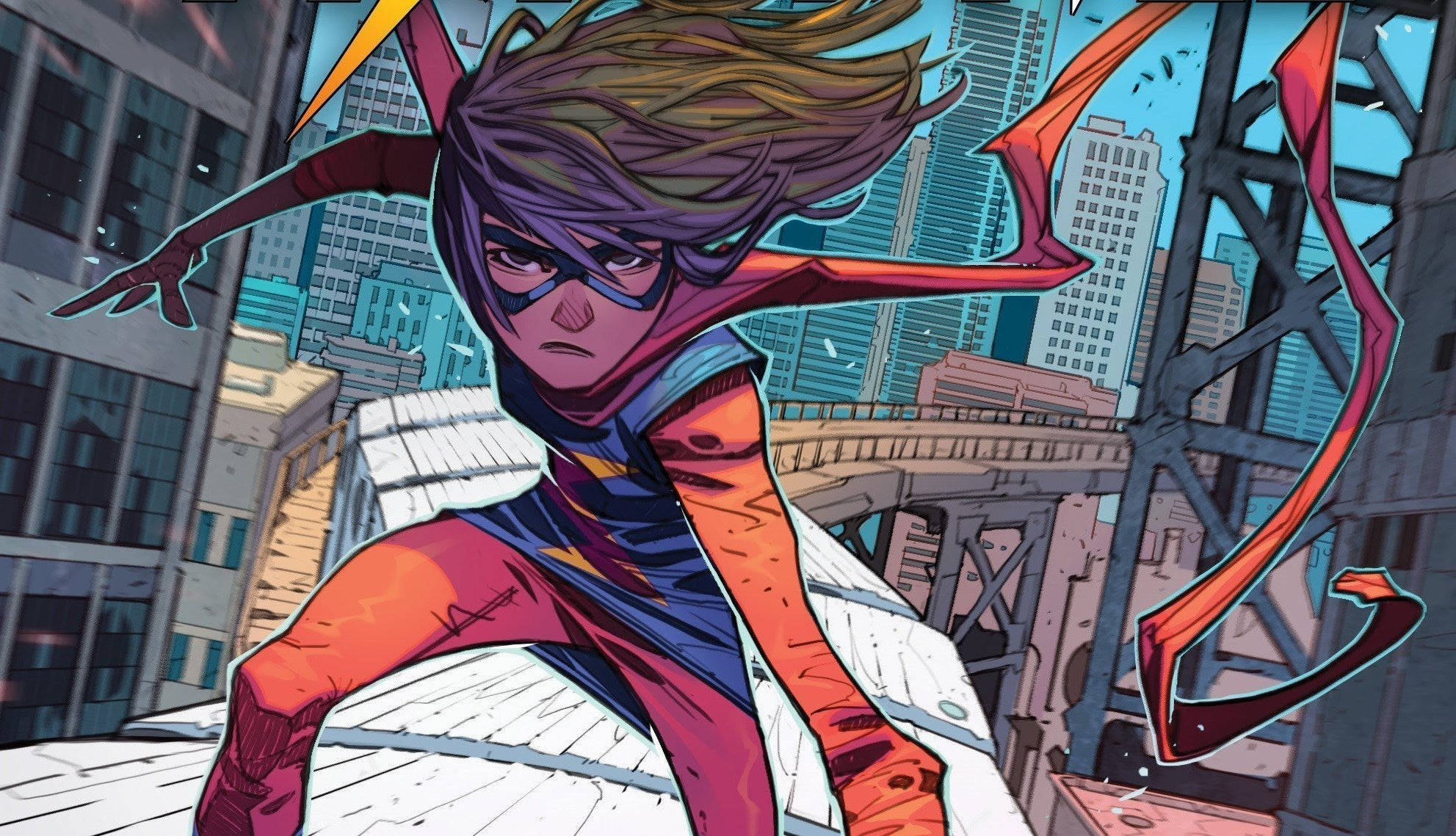 Ms Marvel 列車藝術 壁紙 — 一位充滿動感的動漫風格超級英雄，擁有紫色頭髮和紅色披風，躍過崎嶇的城市天際線。