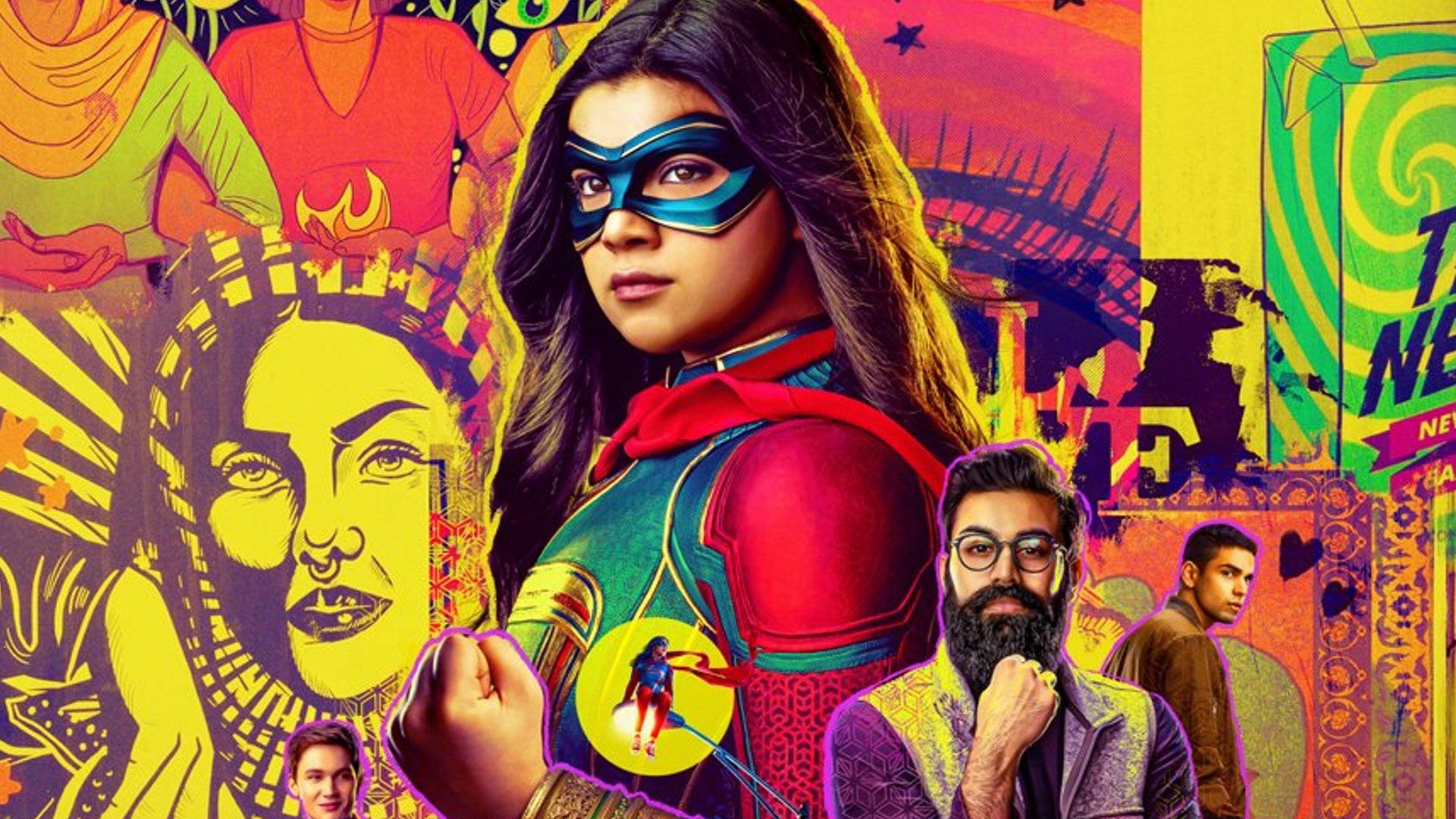 Ms Marvel 動感藝術畫作 壁紙 — 一張充滿活力的漫畫風格海報，展示一位身穿紅藍服裝、戴著面具的女性超級英雄，周圍環繞著色彩繽紛的插圖角色和迷幻圖案。
