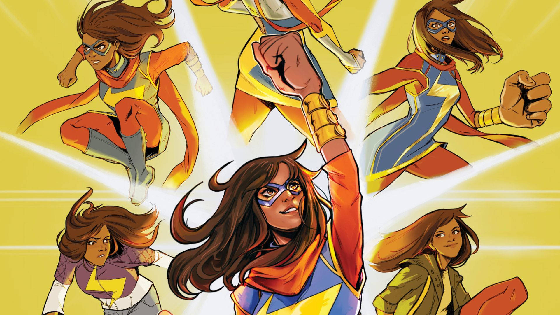 Ms Marvel 卡通多種表情 壁紙 — 動感漫畫插圖，描繪五位女性超級英雄在耀眼黃色背景前擺出動作姿勢。