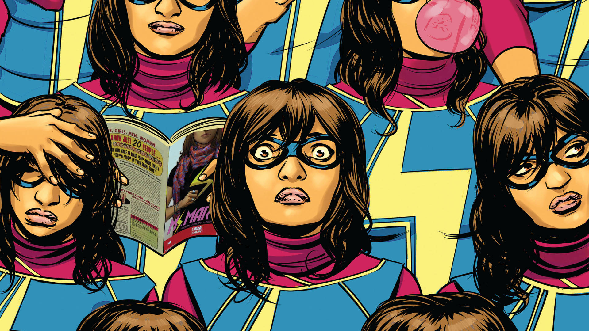 Ms Marvel 泡泡藝術 壁紙 — 以漫畫書風格插圖描繪多位身穿藍色和粉紅色服裝、表情豐富的女性超級英雄。