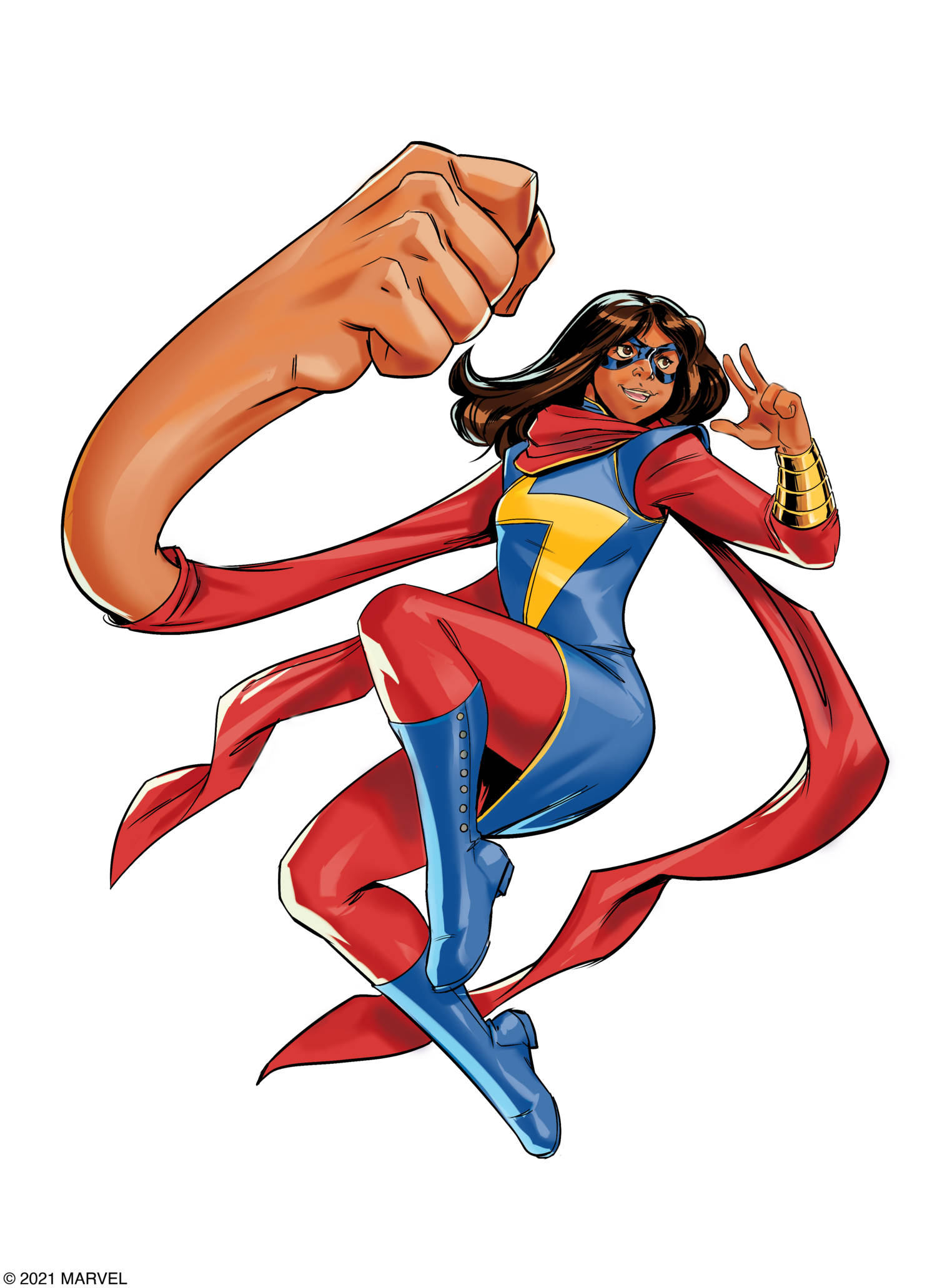 Ms Marvel 漫畫藝術 壁紙 — 一位動態漫畫書女超級英雄穿著紅藍黃色服裝，在半空中擺出巨大拳頭和平手勢的姿勢。