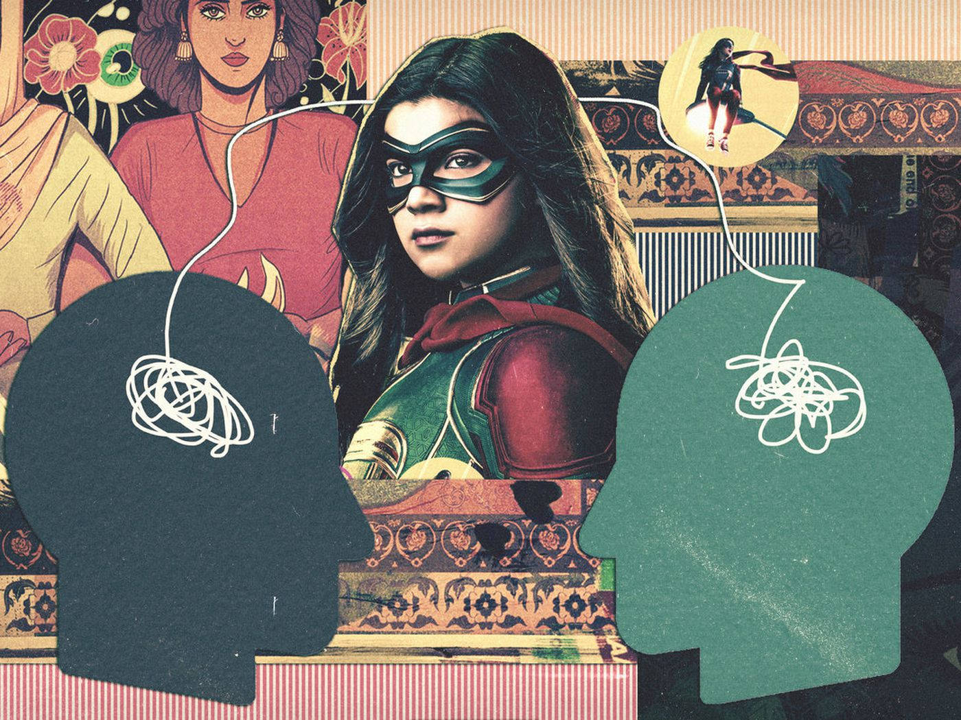 Ms Marvel 藝術作品 壁紙 — 一個風格化的女超級英雄站在兩個剪影頭之間，帶有糾結的思緒線條，背景是圖案拼貼。