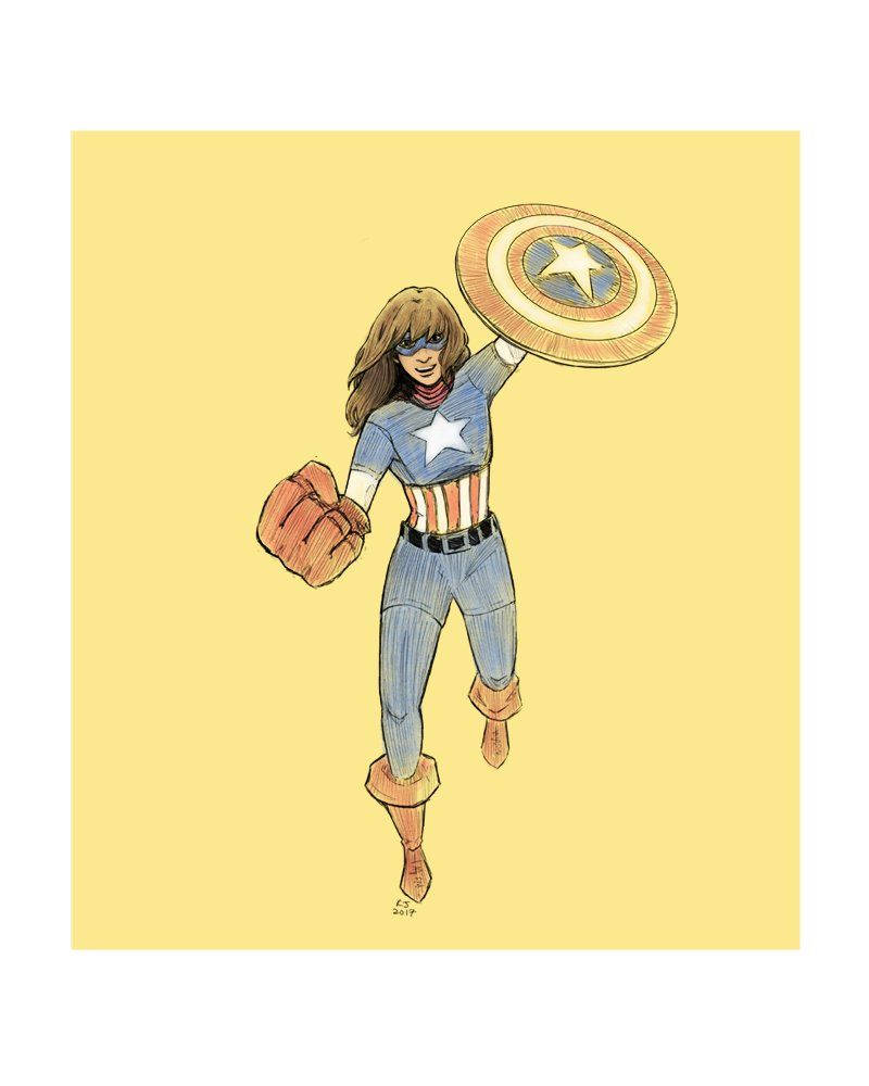 Ms Marvel 身著美國隊長戰衣 壁紙 — 一位身穿藍色星紋制服的女超級英雄，在純黃色背景前動態跳躍，高舉圓形盾牌。