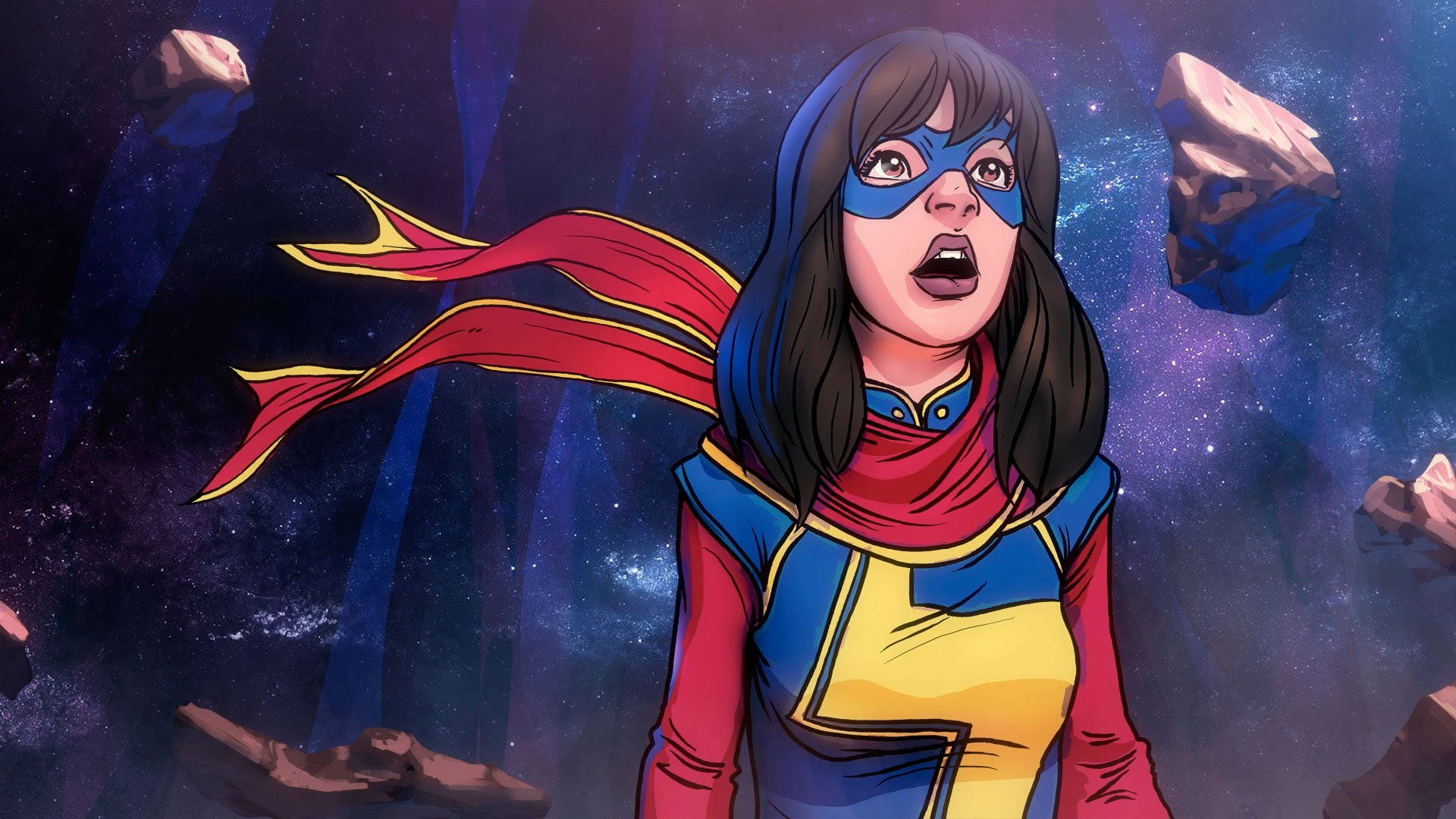 Ms Marvel 驚訝表情 壁紙 — 驚奇隊長站在太空中，紅色斗篷飄揚，小行星在她身邊飄過，背景是星光燦爛的宇宙。