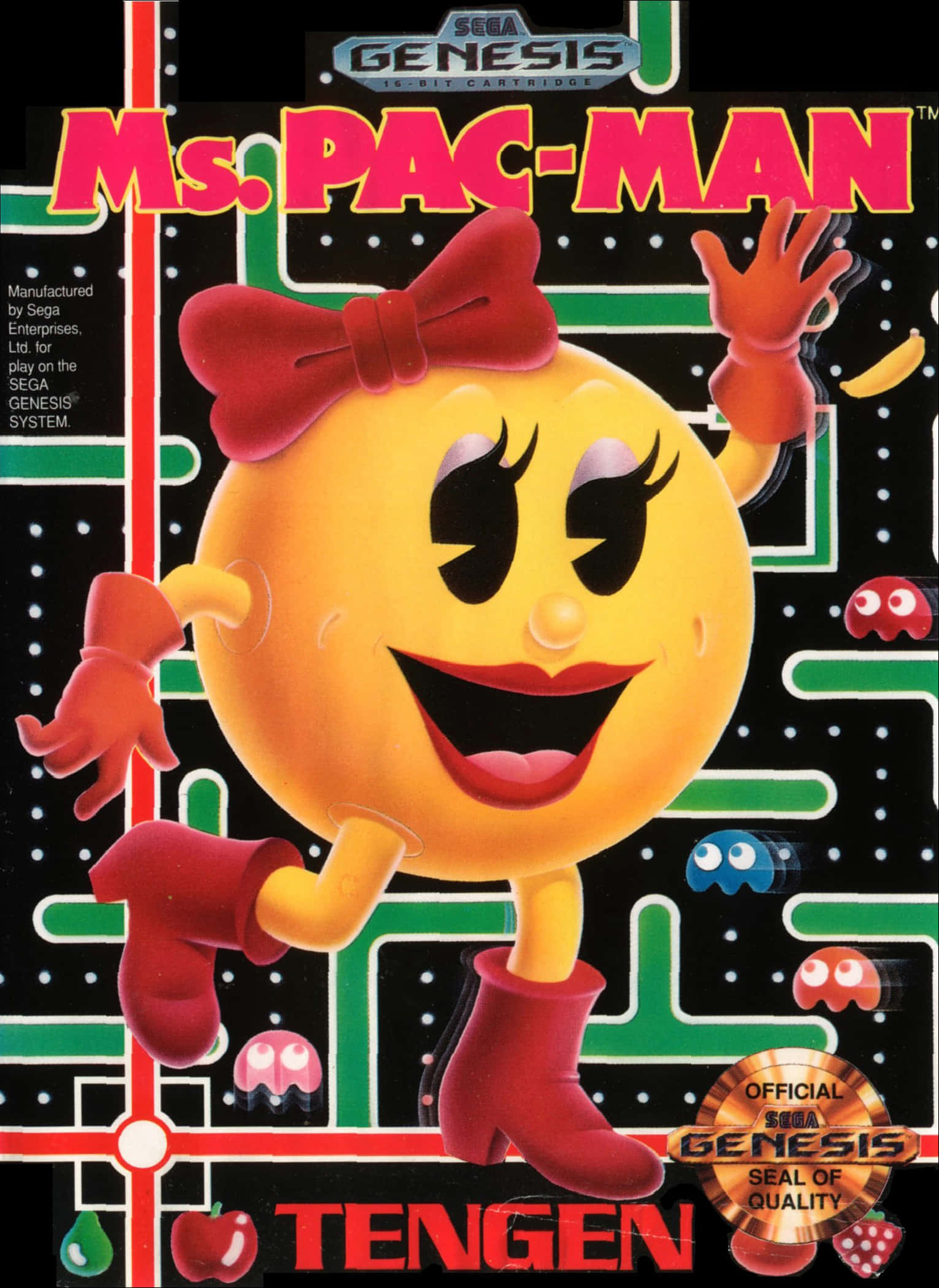 pac man 桌布 壁紙 — Ms Pac Man 喺色彩繽紛嘅迷宮中快樂咁跳舞，周圍有鬼魂同生果。