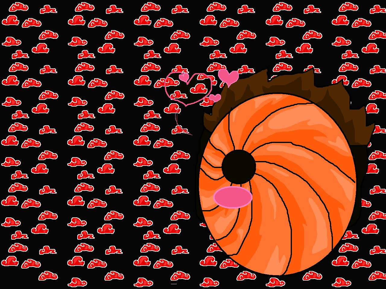 MS Paint 風格的桃地再不斬 晓雲 iPhone 壁紙 — 一條卡通三文魚，有粉紅色的臉頰和棕色頭髮，坐在一個充滿重複紅色雲符號的黑色背景前。
