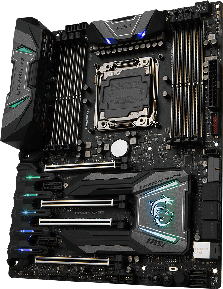 高階 MSI 遊戲主機板 壁紙 — 黑色MSI X299 Gaming主機板的特寫，散熱片和龍標誌上有發光的藍色和綠色LED點綴。