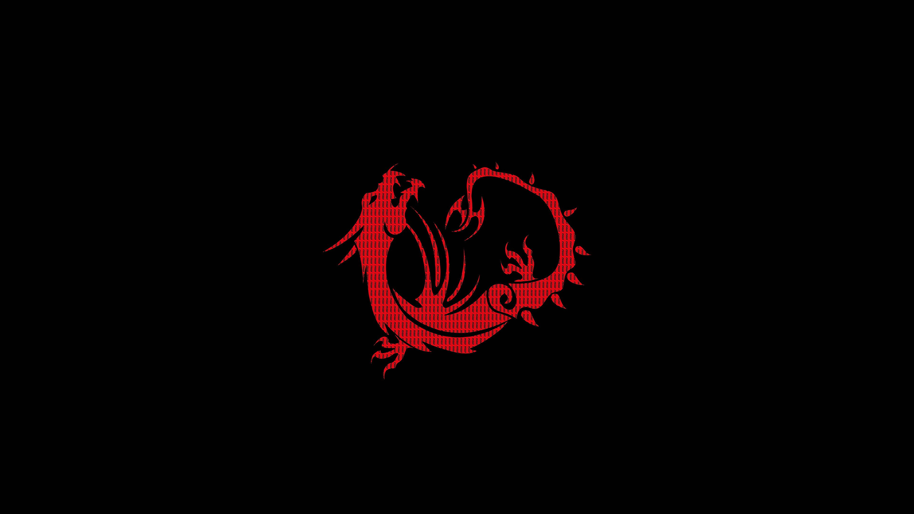 MSI 4K 黑底紅龍 壁紙 — 一個風格化的紅色龍標誌，帶有像素化紋理，在純黑色背景上盤繞。