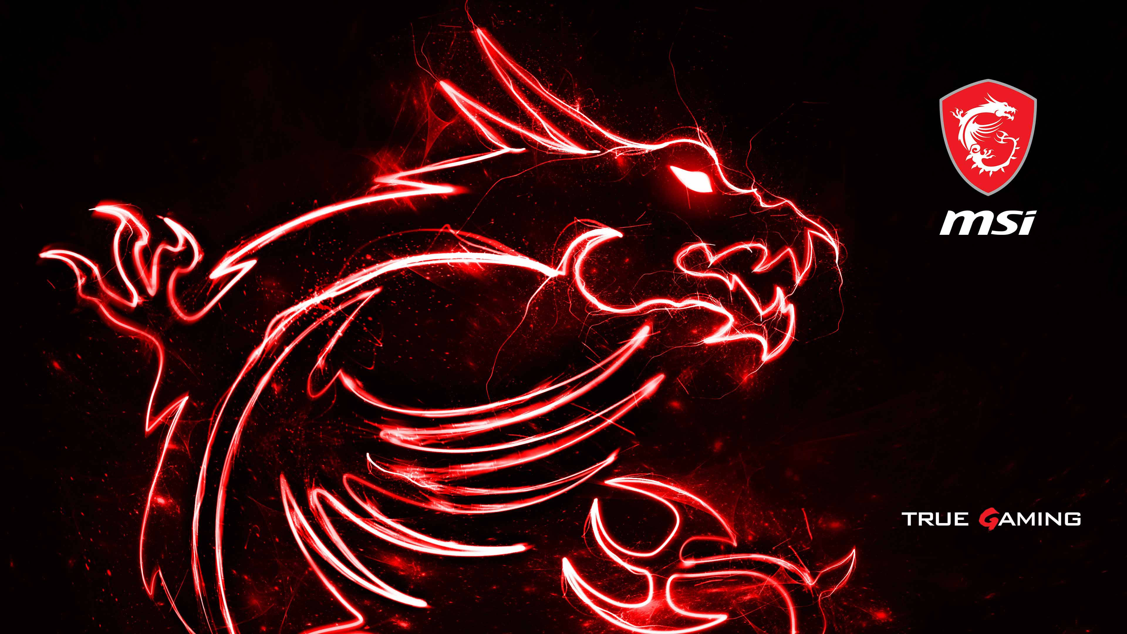 MSI 4K 霓虹紅龍 壁紙 — 一條發光的紅色龍，以電能勾勒出輪廓，襯托黑色背景，並帶有MSI True Gaming標誌。