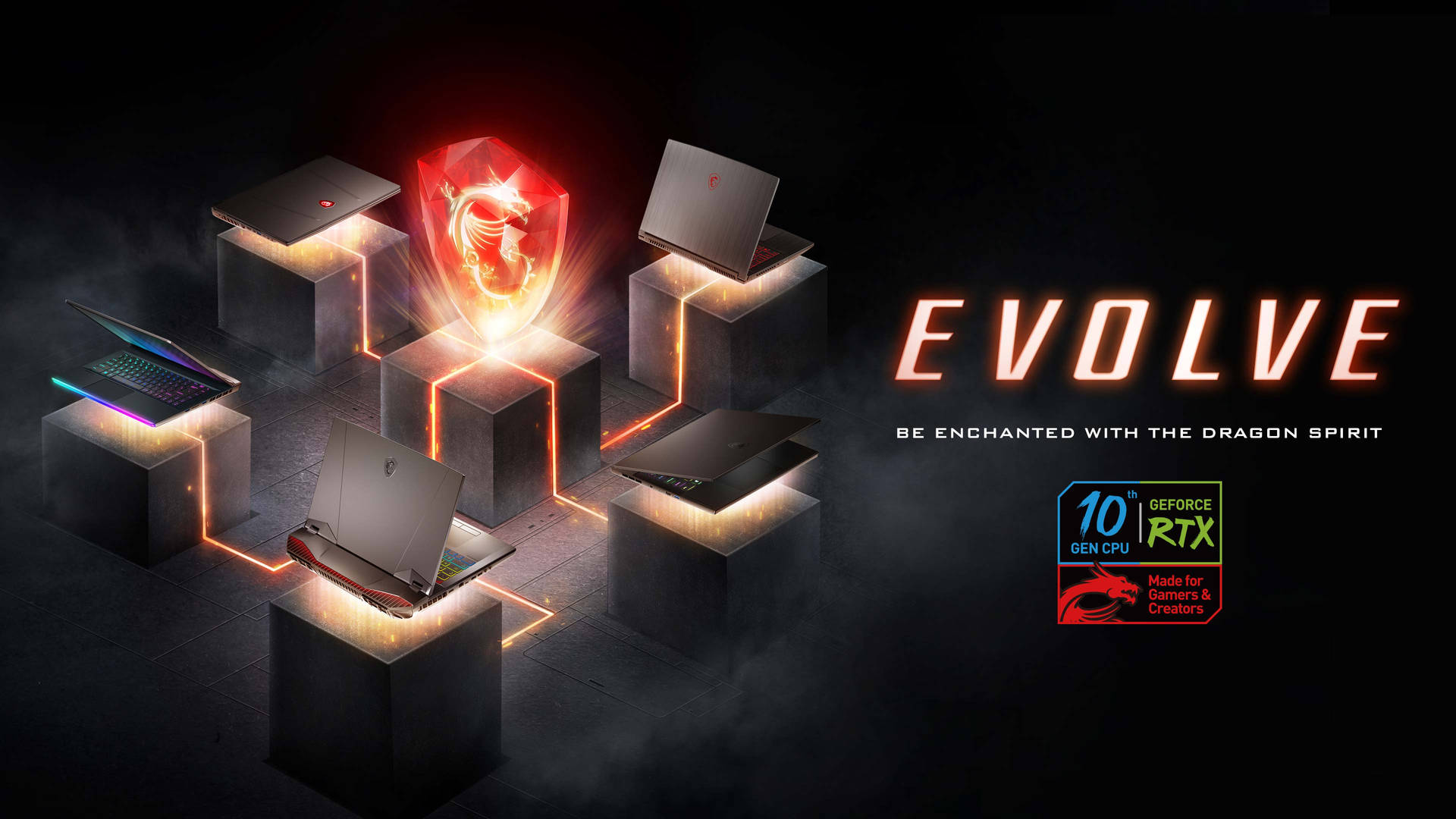 基座上的遊戲筆記型電腦，帶有發光龍徽章和 'evolve' 文字。
