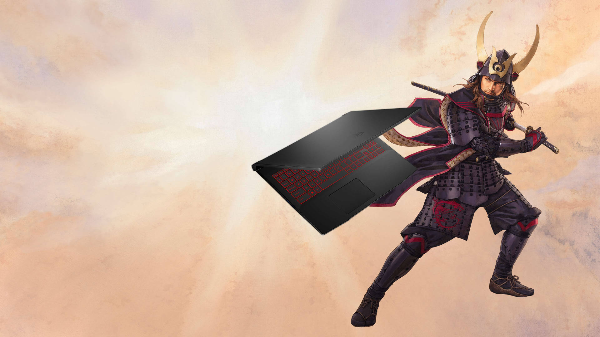 數位藝術風格的武士與筆記型電腦