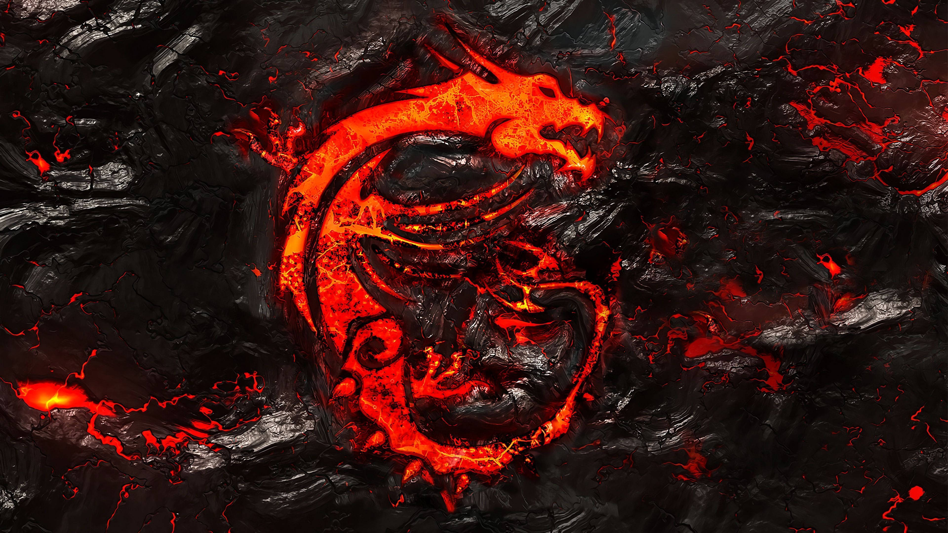 MSI 4K 燃燒紅龍 壁紙 — 一條火紅色的龍從熔岩中出現，背景是黑暗龜裂的大地。