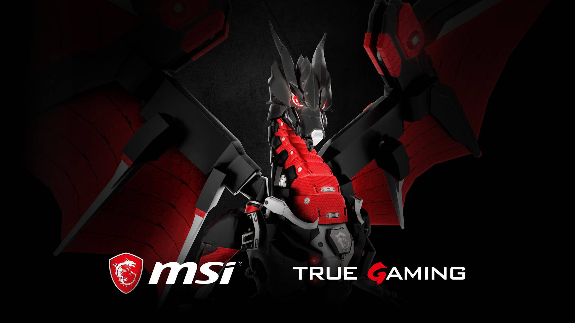 紅黑龍機甲，帶有發光眼睛和MSI True Gaming標誌。