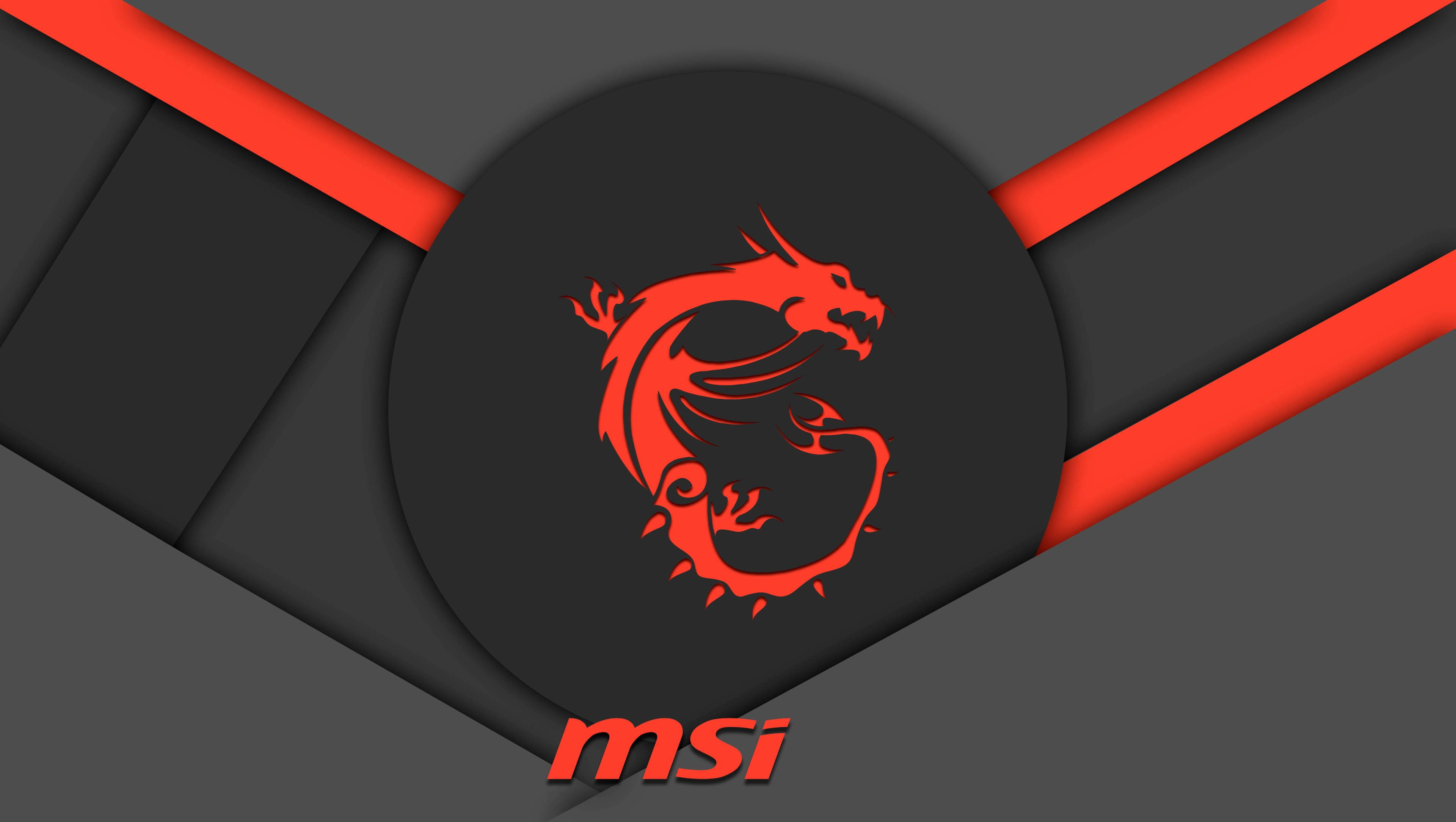 MSI 4K 紅龍橫幅 壁紙 — 一個大膽的紅色龍標誌，居中在深灰色幾何背景上，帶有對角紅色條紋。