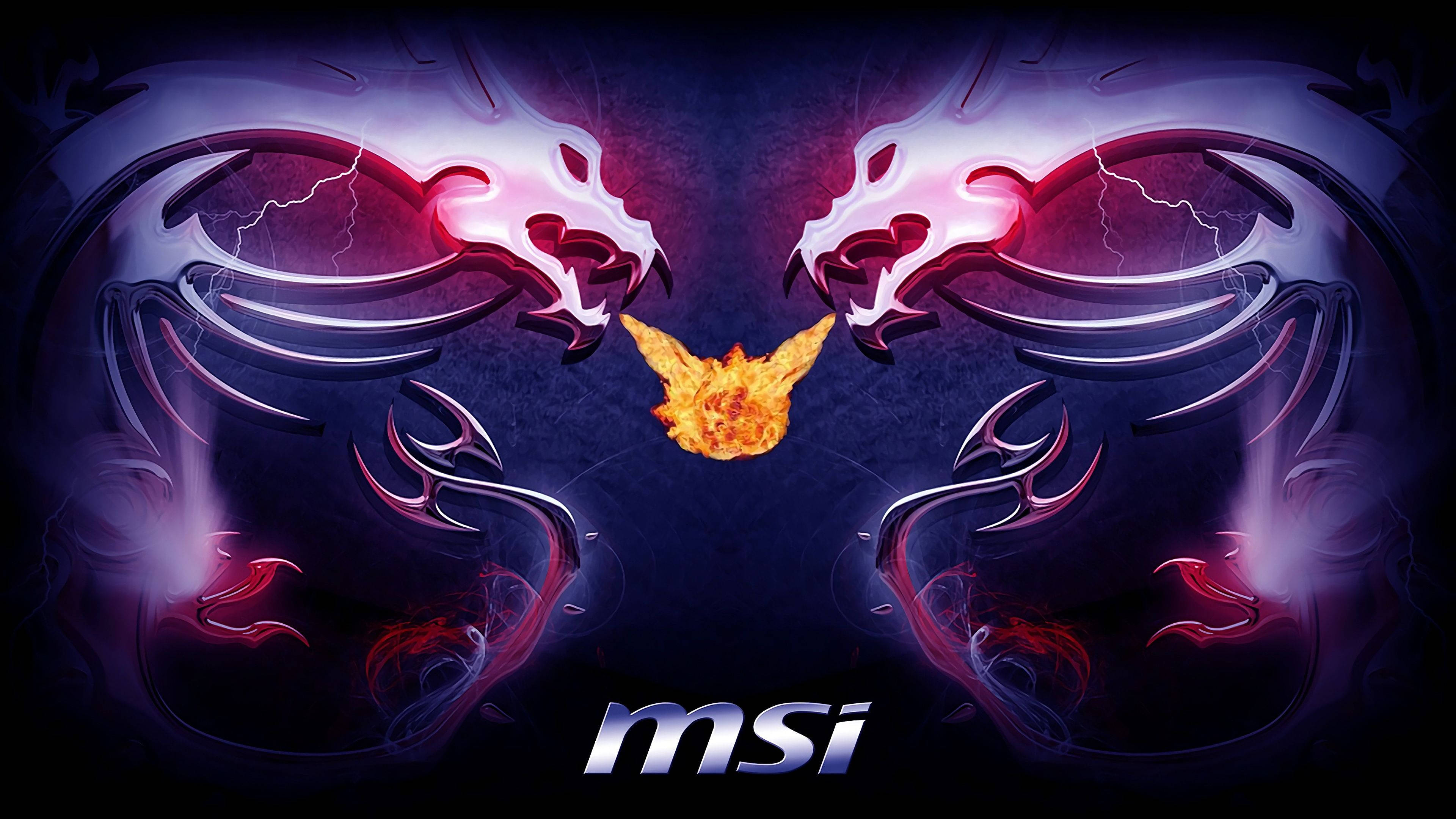 MSI 4K 鏡像雙龍 壁紙 — 兩顆發光的紫色龍頭在黑暗背景上，於一團火橙色鳳凰上方相對而視。