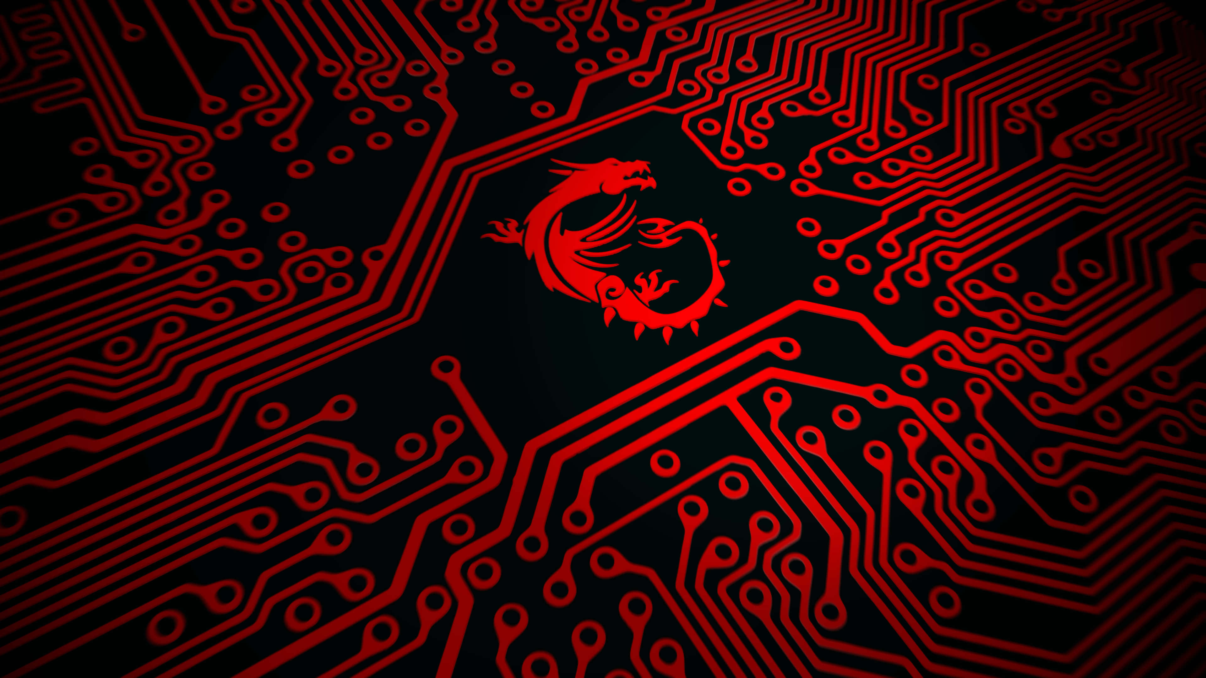 MSI 遊戲電腦帶來驚豔表現 壁紙 — 一個發光的紅色龍標誌，置於詳細的電路板圖案中央，背景為深色。