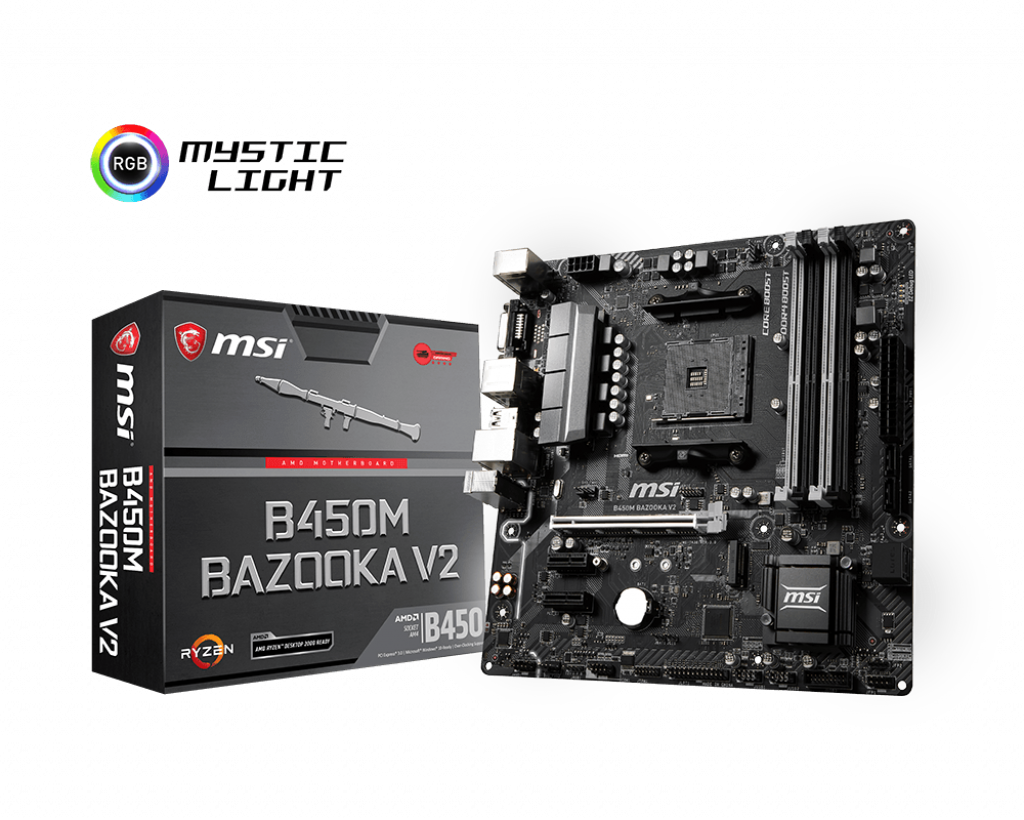 MSI B450M BAZOOKA V2 主機板 壁紙 — MSI B450M BAZOOKA V2 主機板及其包裝盒在黑色背景上展示，帶有RGB燈光標誌。