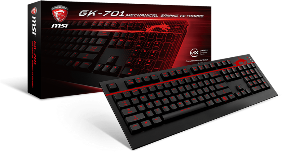 MSI GK-701 機械遊戲鍵盤 壁紙 — 黑色MSI遊戲鍵盤，帶紅色背光，在深色背景上與產品盒並排展示。