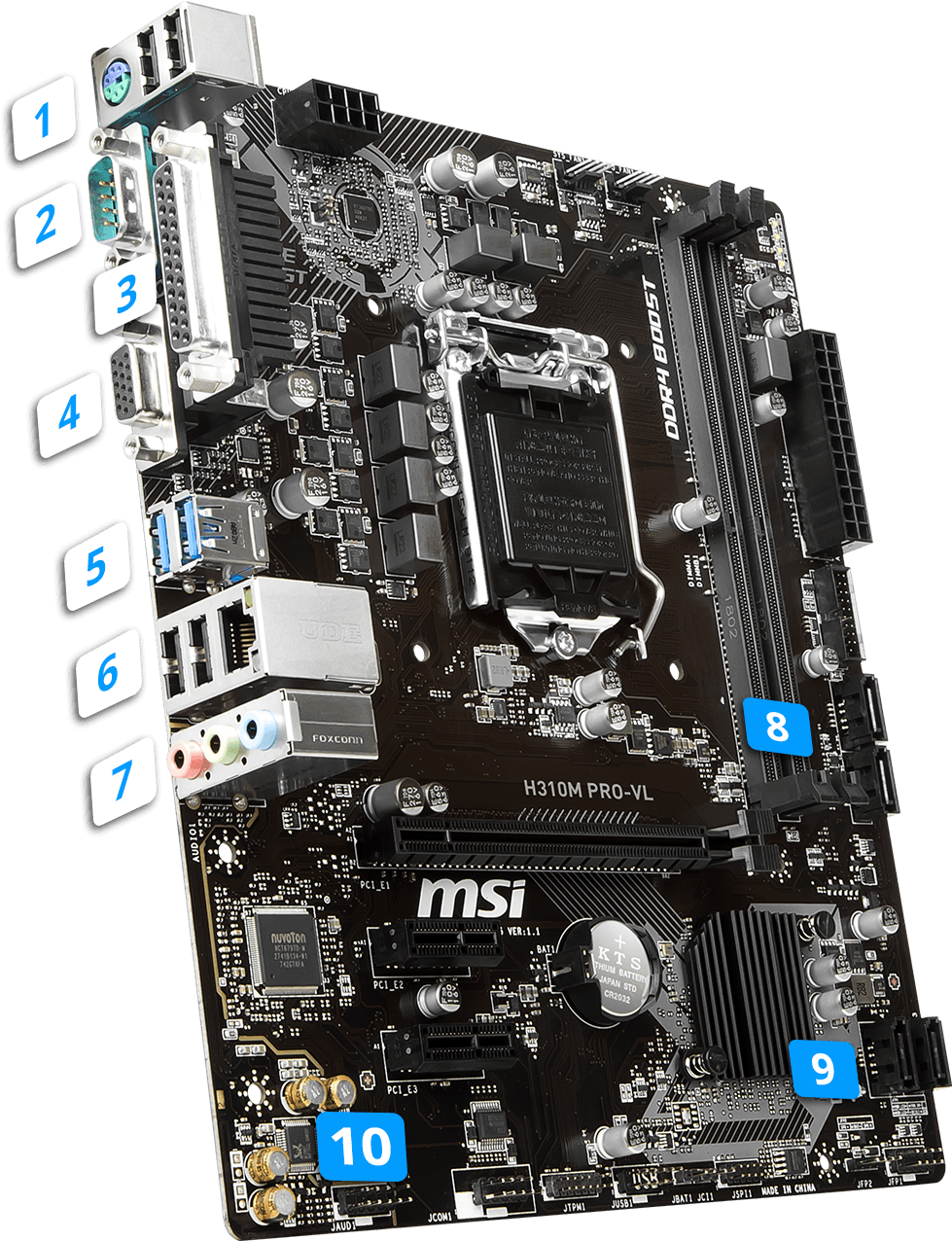 MSI H310M PRO-VL主機板 壁紙 — 一塊詳細的黑色 MSI H310M PRO-VL 主機板，帶有標籤的連接埠和元件，背景為純白色。