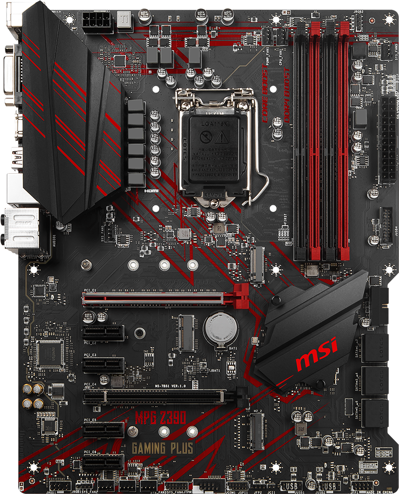 MSI MPG Z390 Gaming Plus主機板 壁紙 — 黑色和紅色 MSI MPG Z390 Gaming Plus 主機板的特寫，具有複雜的電路和紅色點綴。