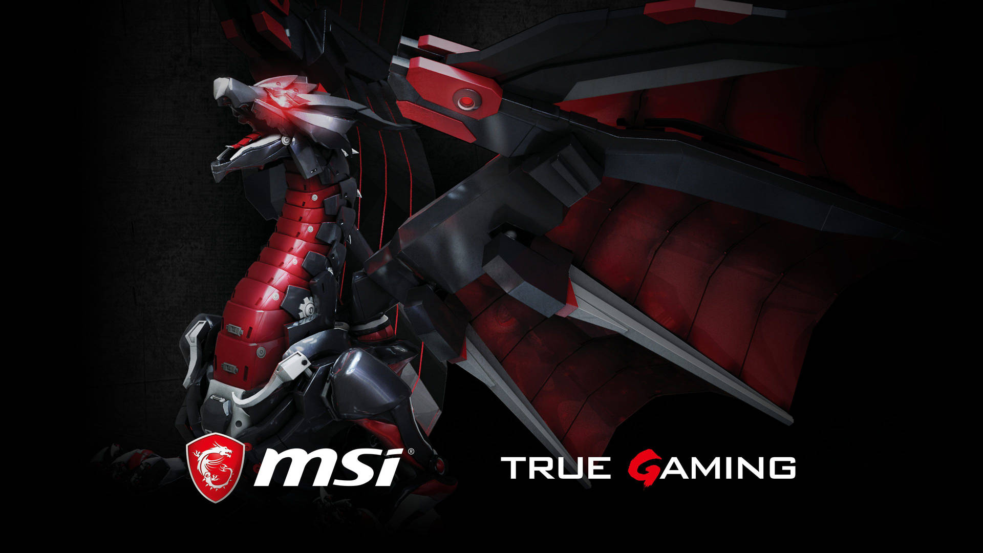 帶有機械翅膀和MSI True Gaming標誌的紅色和黑色裝甲龍。