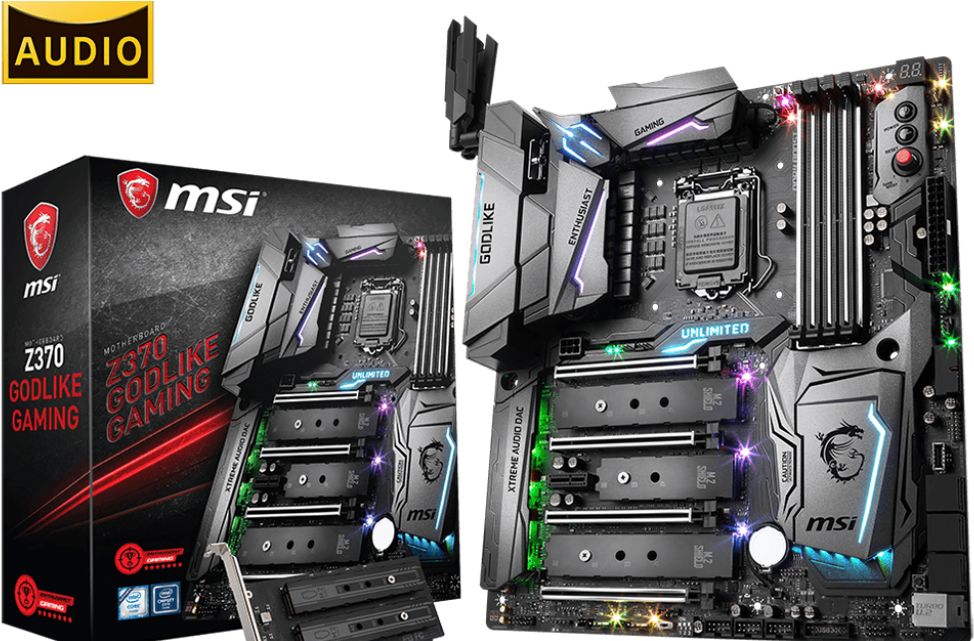 MSI Z370 Godlike 遊戲主機板 壁紙 — 一塊高科技MSI Z370 GODLIKE GAMING主機板，帶有發光RGB燈光，展示在其零售盒旁邊，背景為黑色。