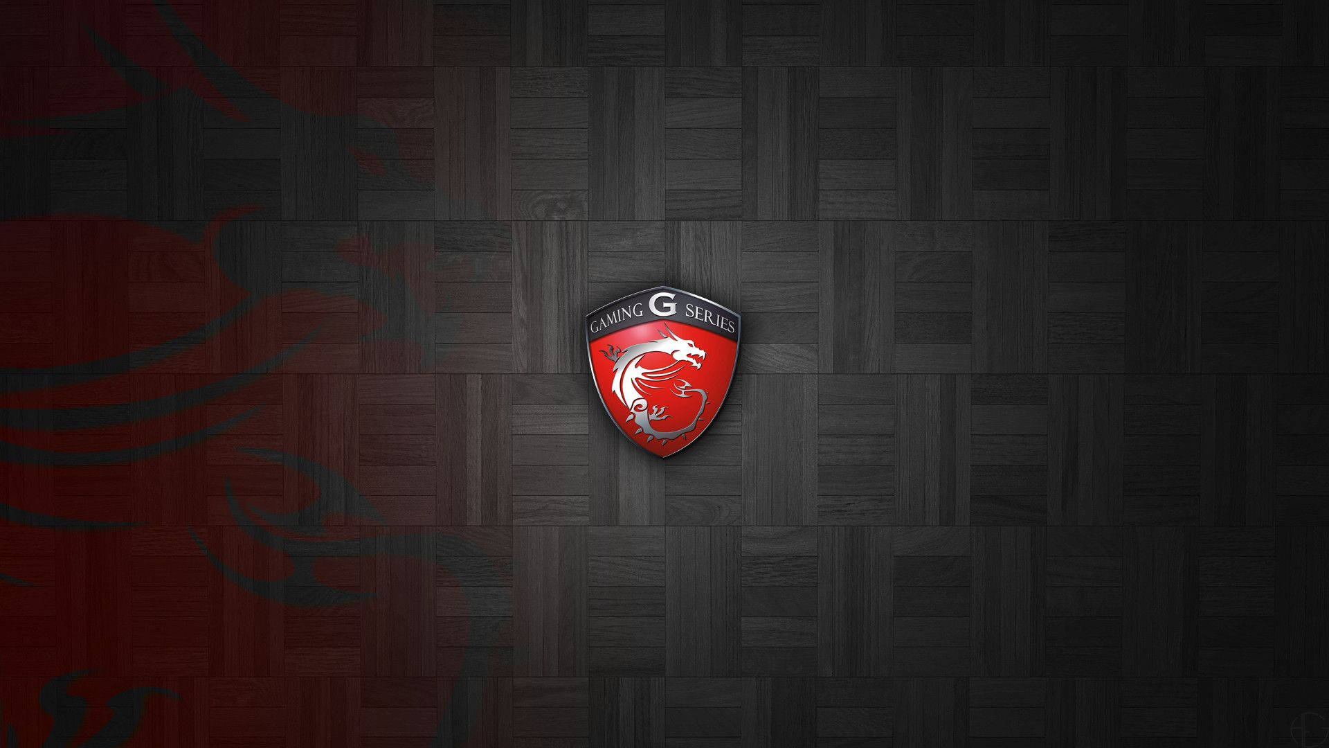 深色木地板上帶有紅色龍設計的 MSI Gaming G Series 標誌。