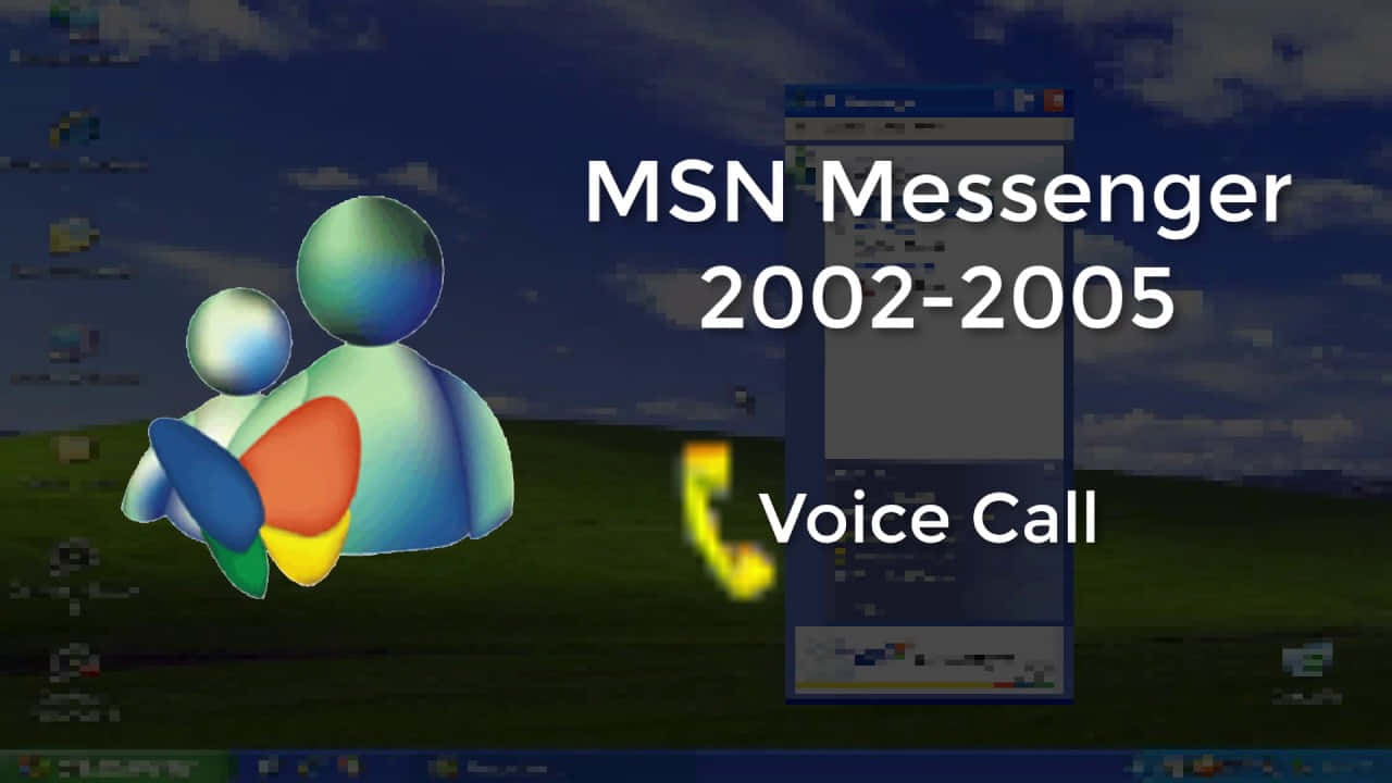 MSN語音通話螢幕 壁紙 — MSN Messenger 2002-2005 語音通話介面，帶有標誌性的彩色頭像和聊天視窗，顯示在桌面背景上。