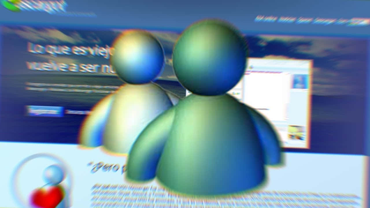 MSN抽象模糊圖像 壁紙 — 兩個帶有光澤的3D渲染人形站在模糊的網頁前，網頁上有西班牙文文字和心形圖標。