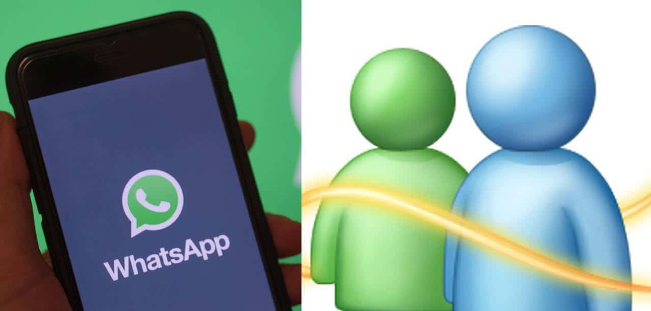 MSN Messenger對比WhatsApp 壁紙 — 手握住智能手機，顯示WhatsApp標誌，旁邊有兩個風格化的人物由發光線條連接。