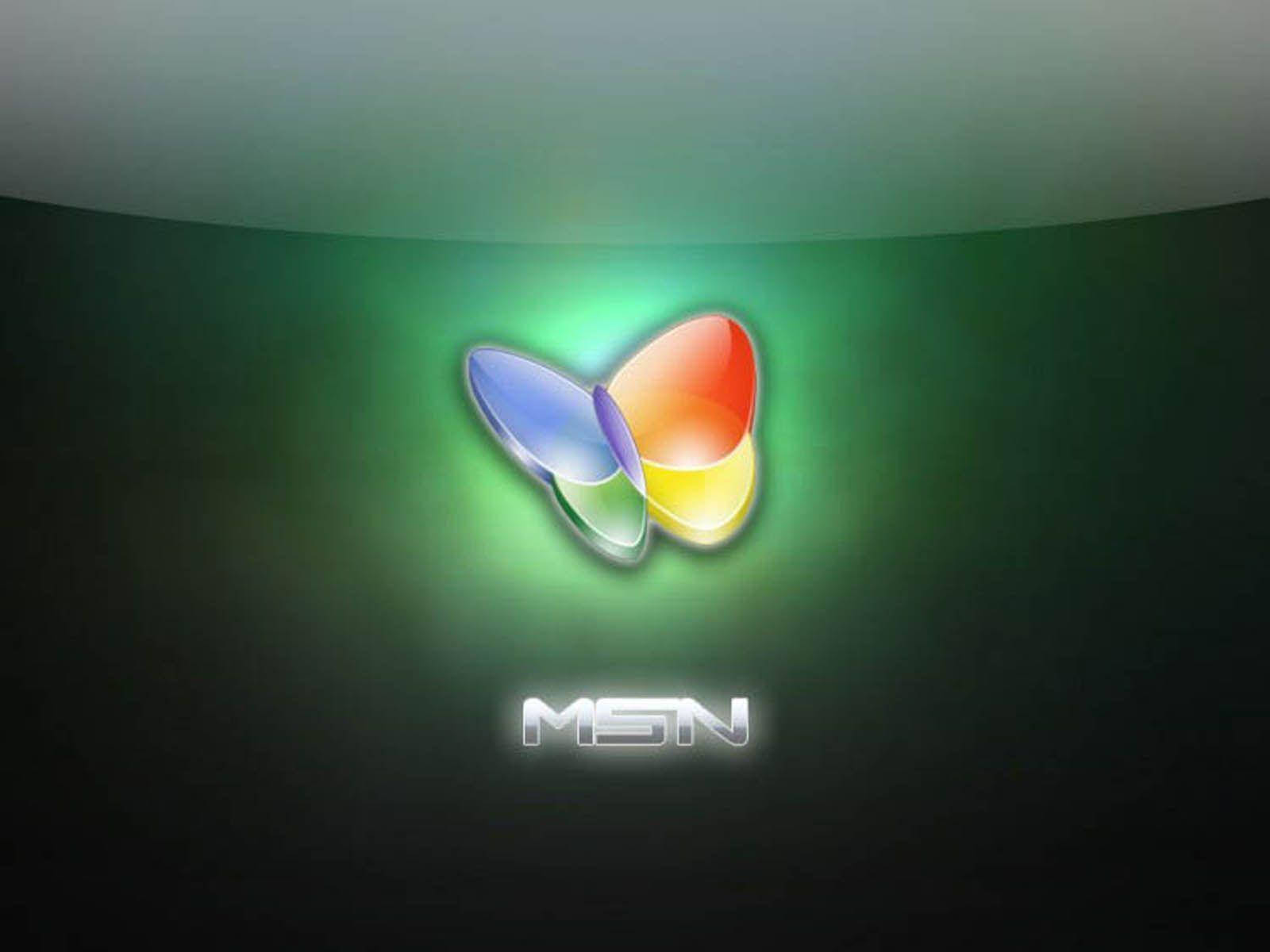 MSN綠色霓虹燈光 壁紙 — 一個發光的多色蝴蝶標誌，中央帶有「MSN」文字，背景為深綠色漸變。
