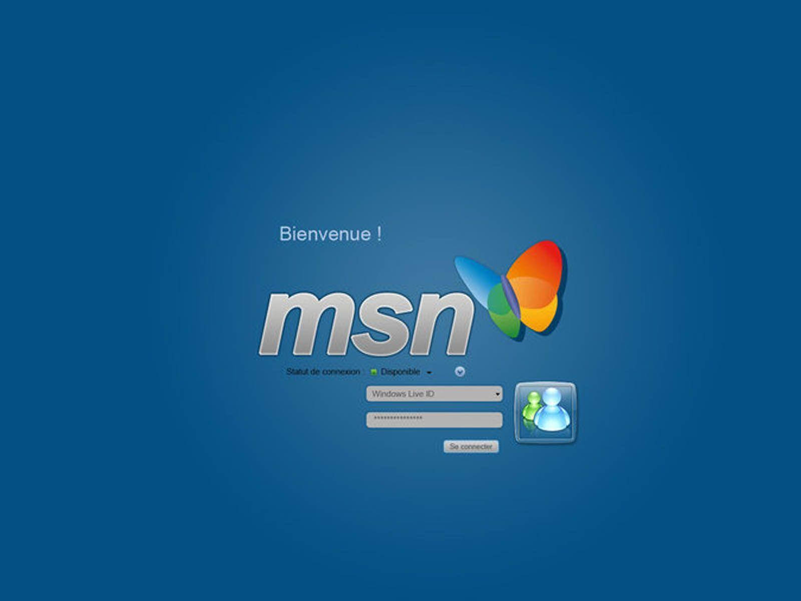 MSN登入畫面，帶有法文歡迎訊息和色彩繽紛的蝴蝶標誌。