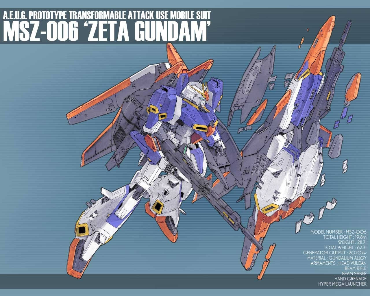 MSZ-006 Zeta 機動戰士鋼彈 壁紙 — 一幅詳細插圖，描繪Zeta Gundam機動戰士以動態姿勢呈現，零件散落在藍色漸變背景上。
