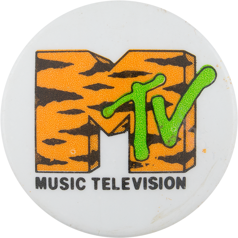 復古MTV標誌貼紙 壁紙 — 一個復古MTV標誌貼紙，橙色虎紋M和綠色TV字母在白色圓形背景上。