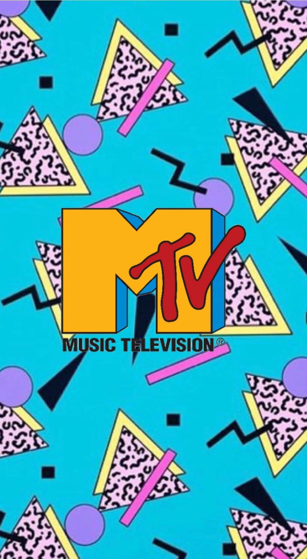 MTV 80年代美學 iPhone 主畫面 壁紙 — 充滿活力的 1980 年代 MTV 標誌，居中於青綠色背景上，搭配幾何形狀和豹紋三角形。