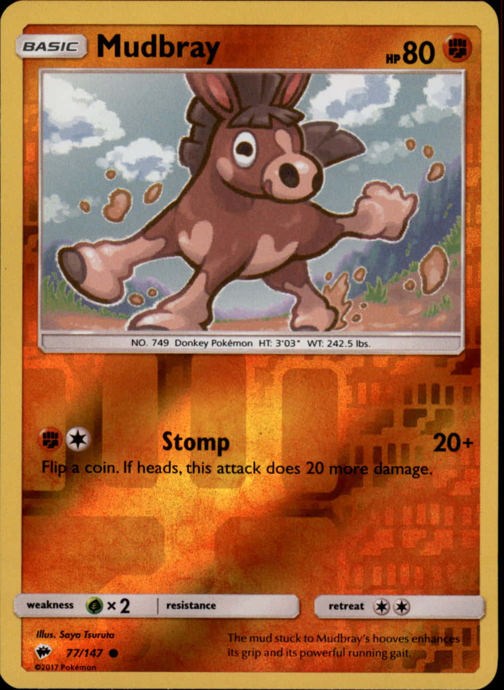 Mudbray 寶可夢卡片，顯示一隻棕色驢子在泥巴中跳躍，泥土飛揚。